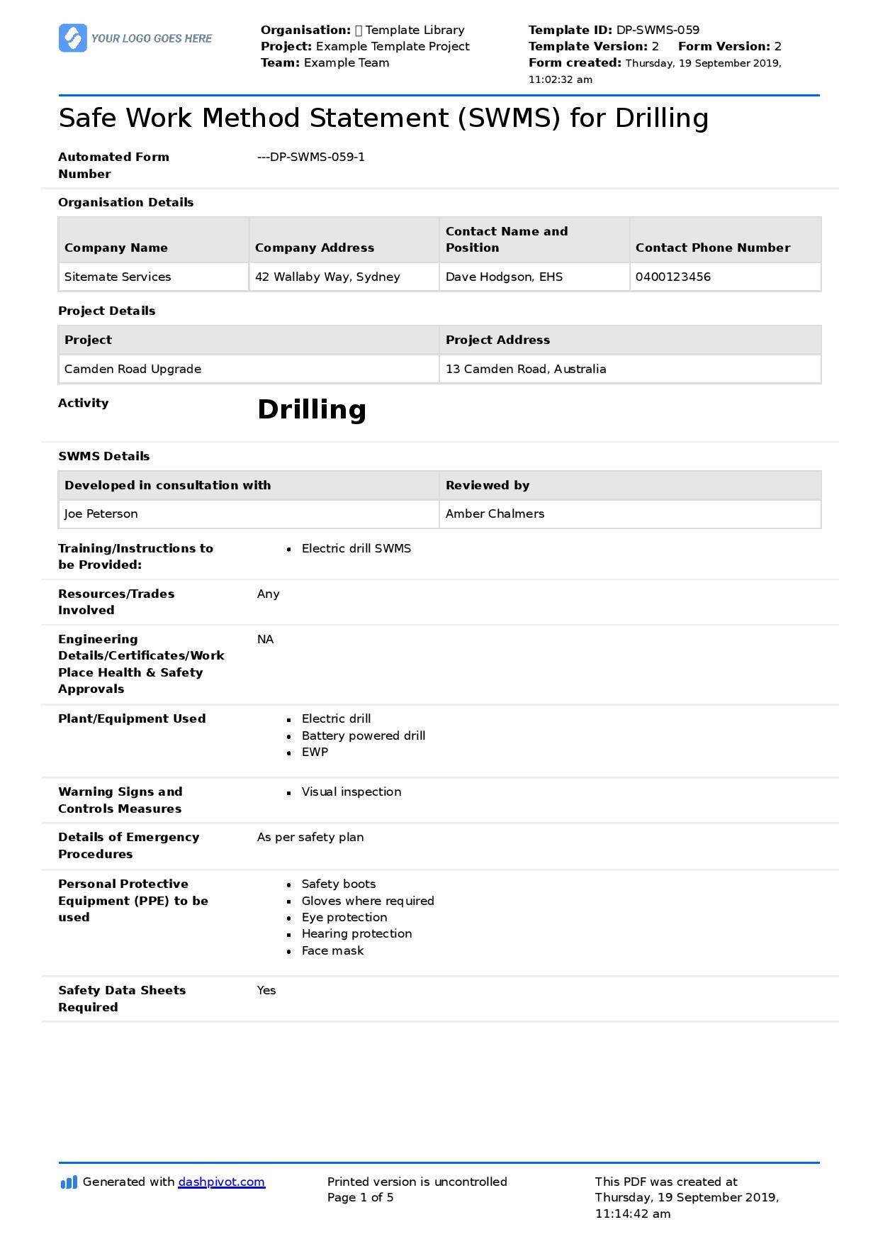 Drilling safe work method statement