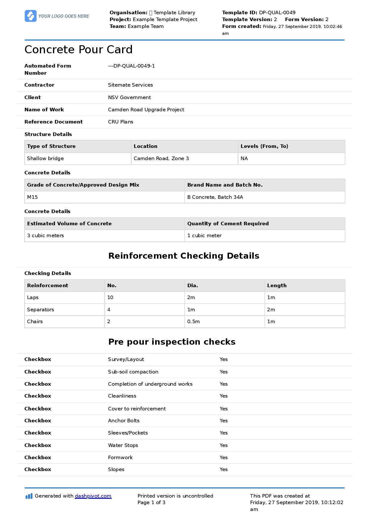 Concrete pour card template