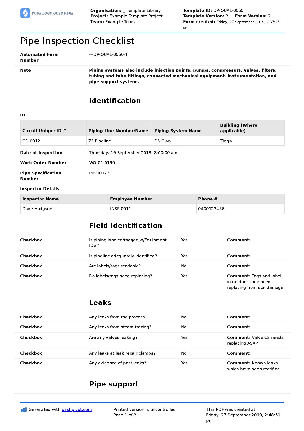 Pipe inspection checklist