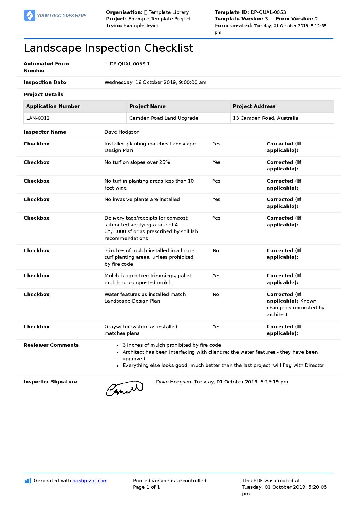 Landscape maintenance inspection checklist template