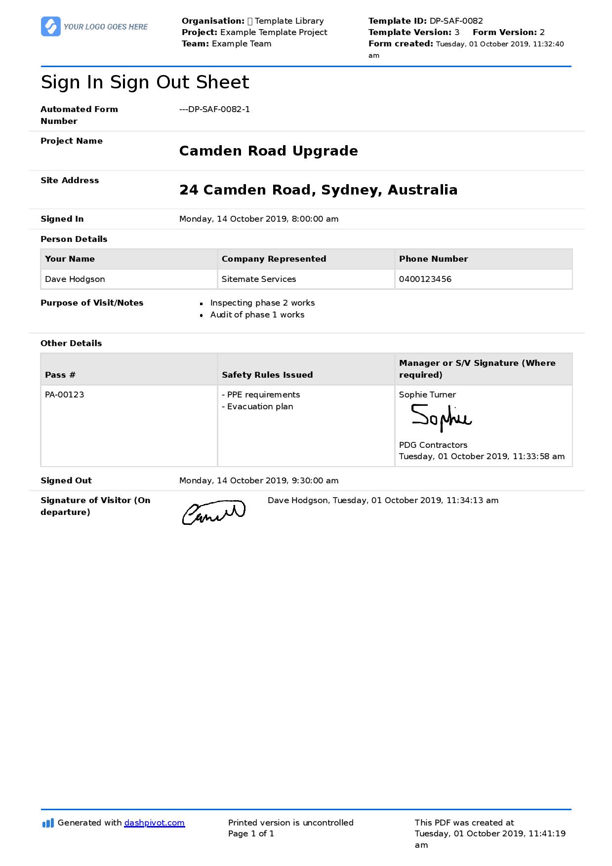 Construction site sign in sheet template
