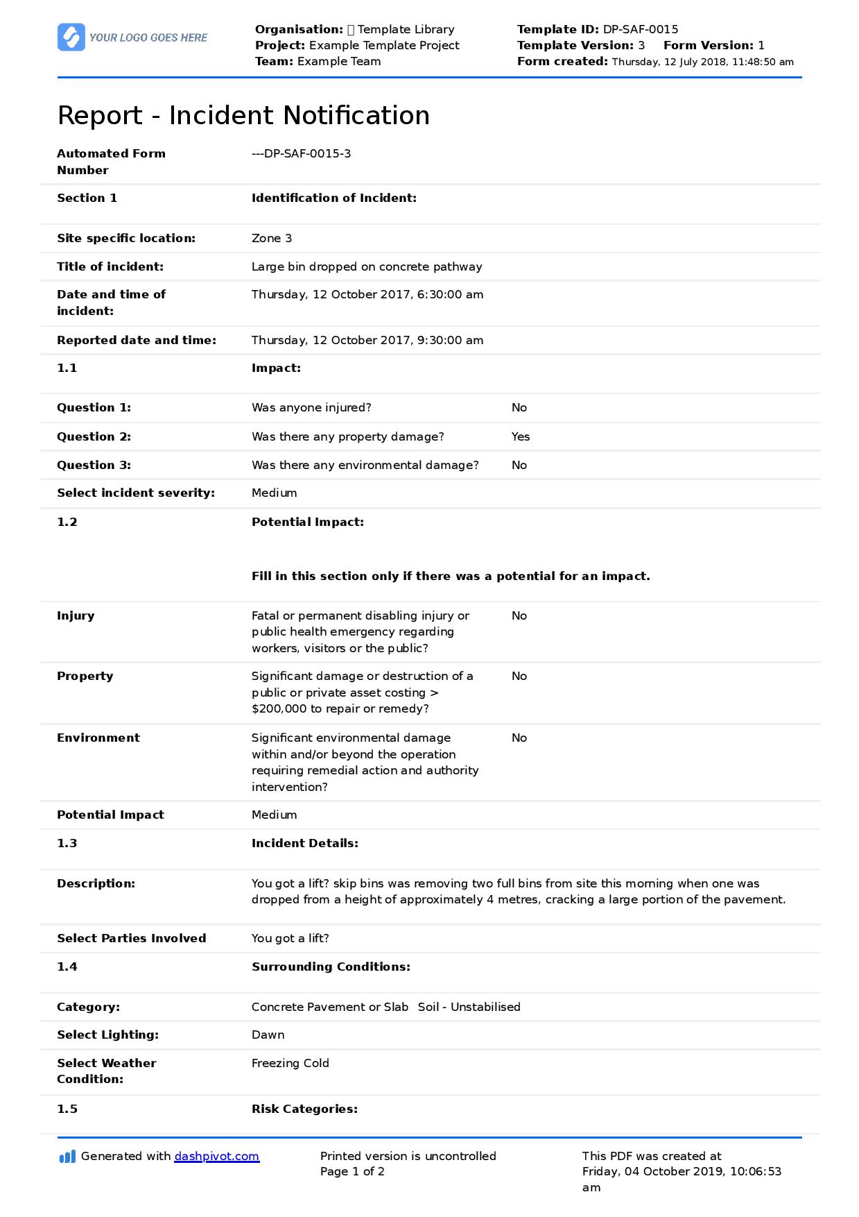 Construction incident report template