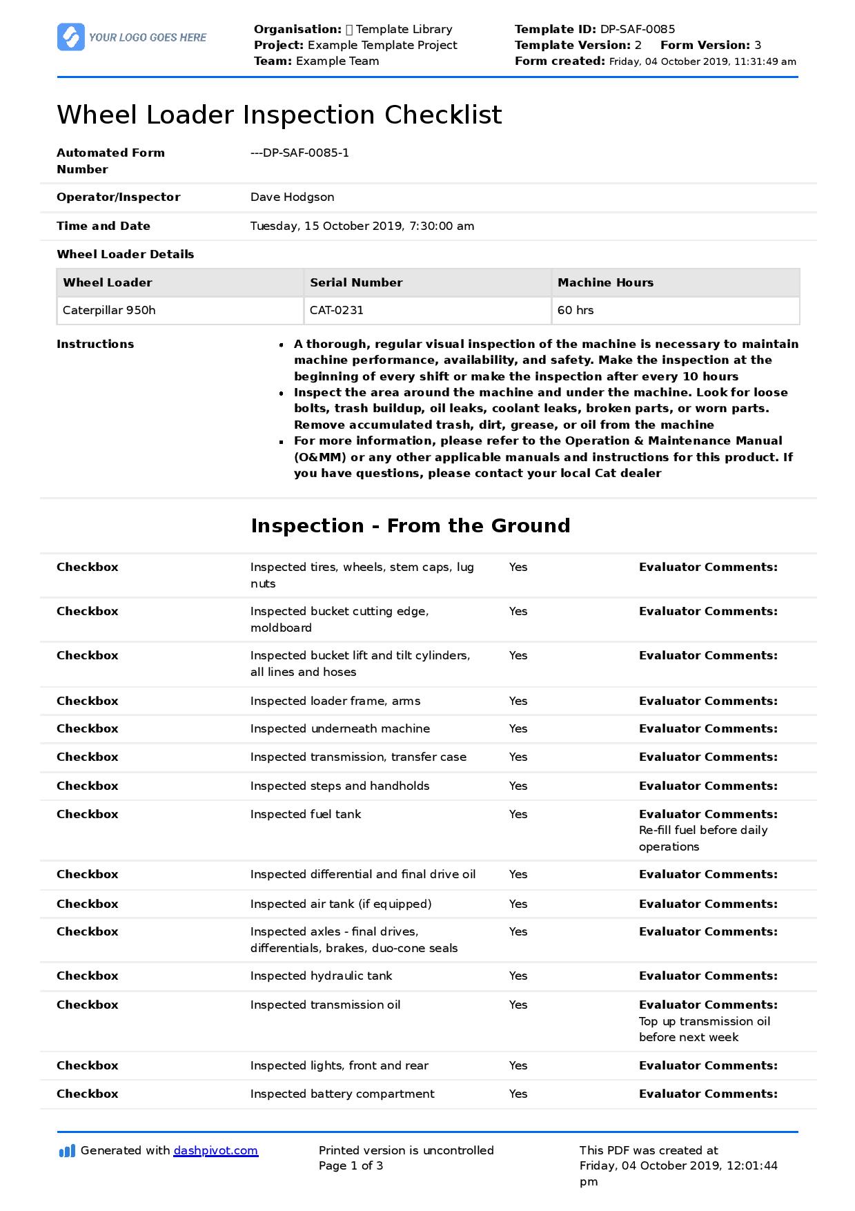 Wheel loader inspection checklist template