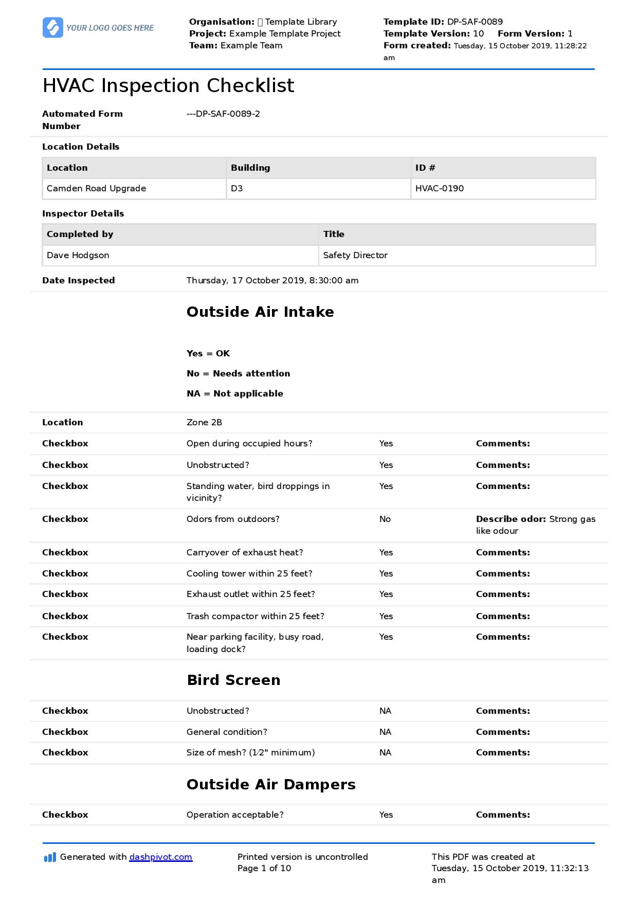 HVAC inspection checklist