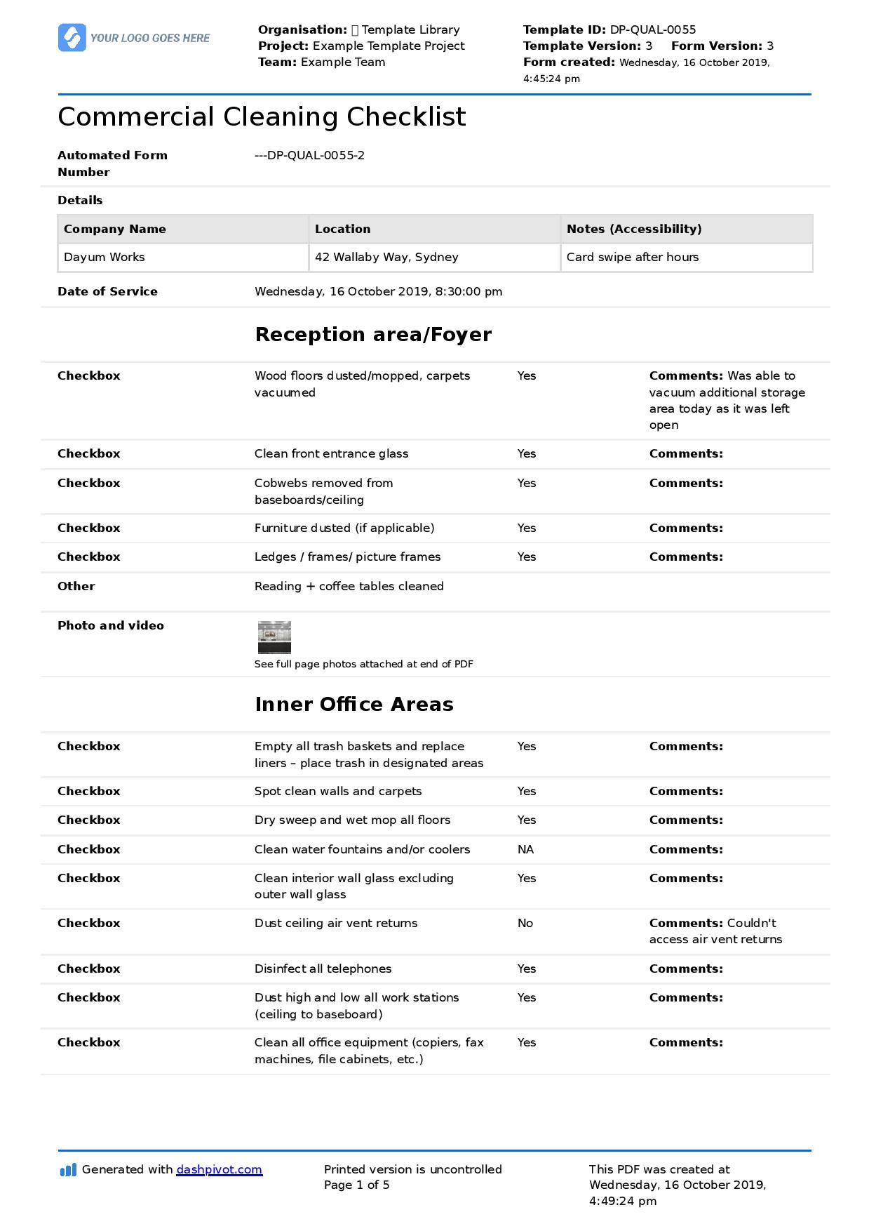 Commercial cleaning checklist template