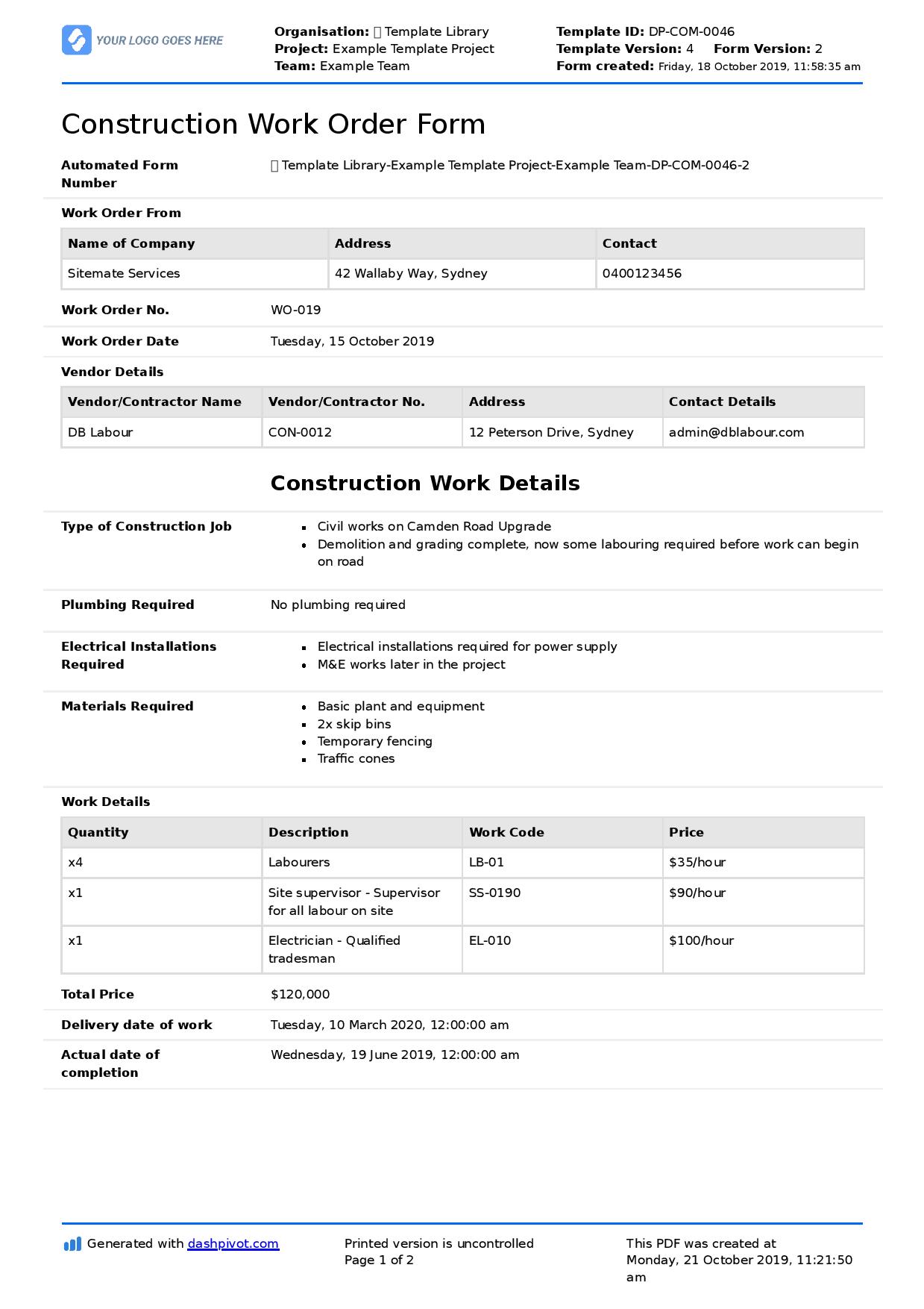 Construction work order format