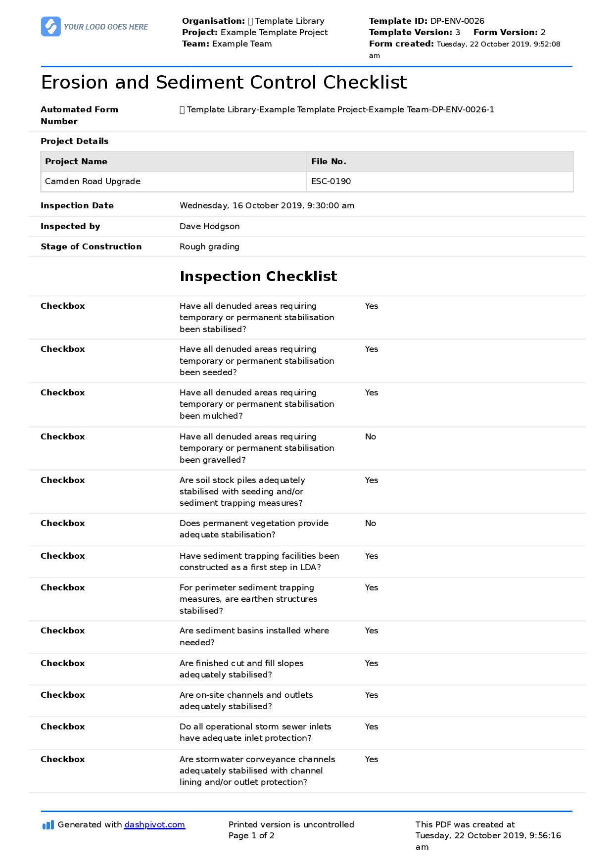 Erosion and sediment control inspection template