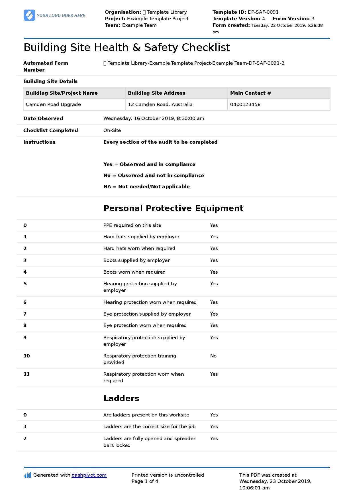 Building site health and safety checklist