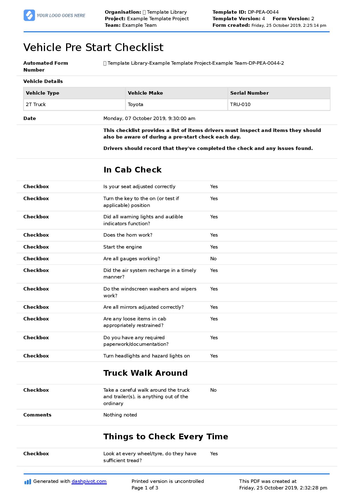 Vehicle pre start checklist