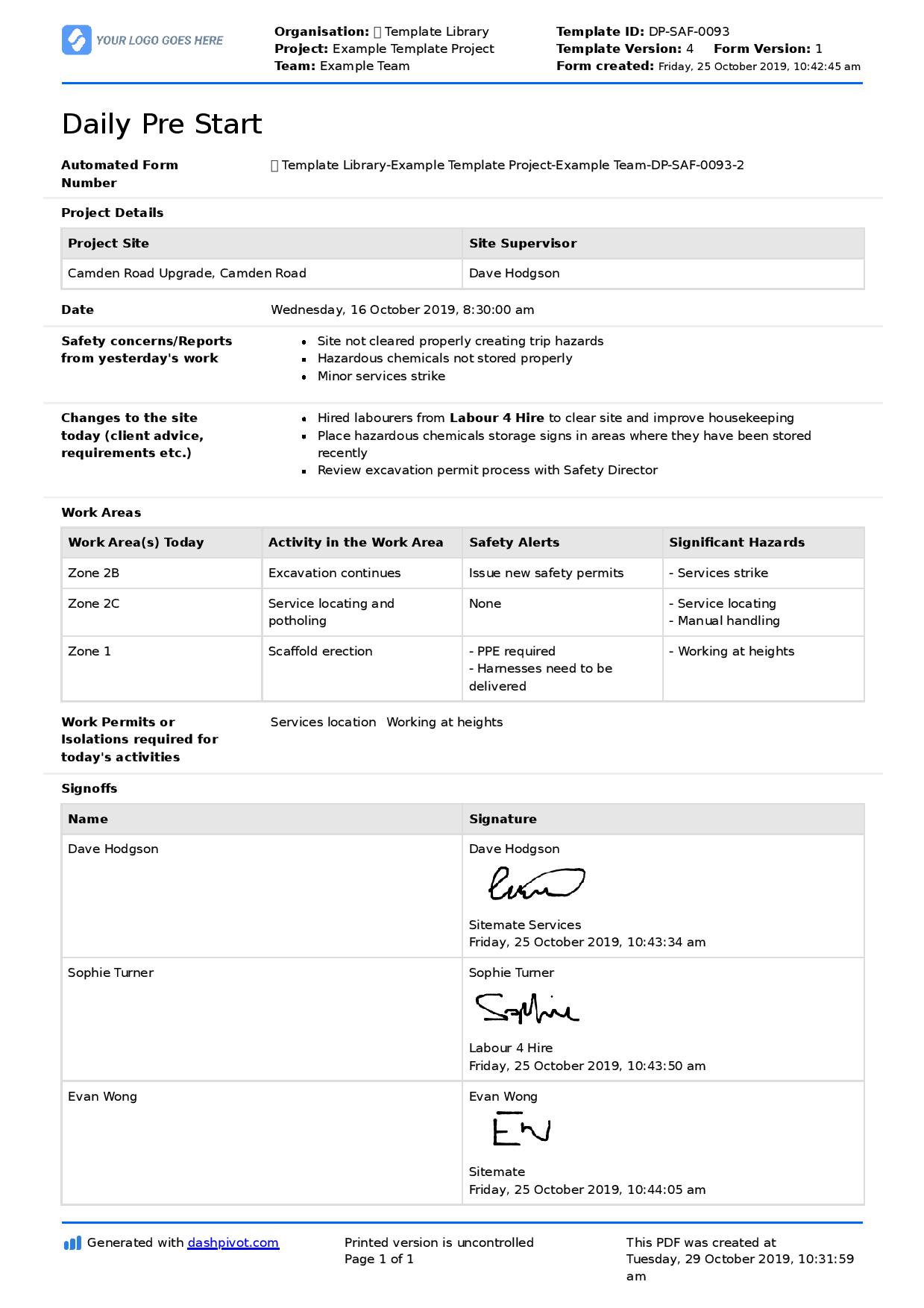 Construction pre start checklist