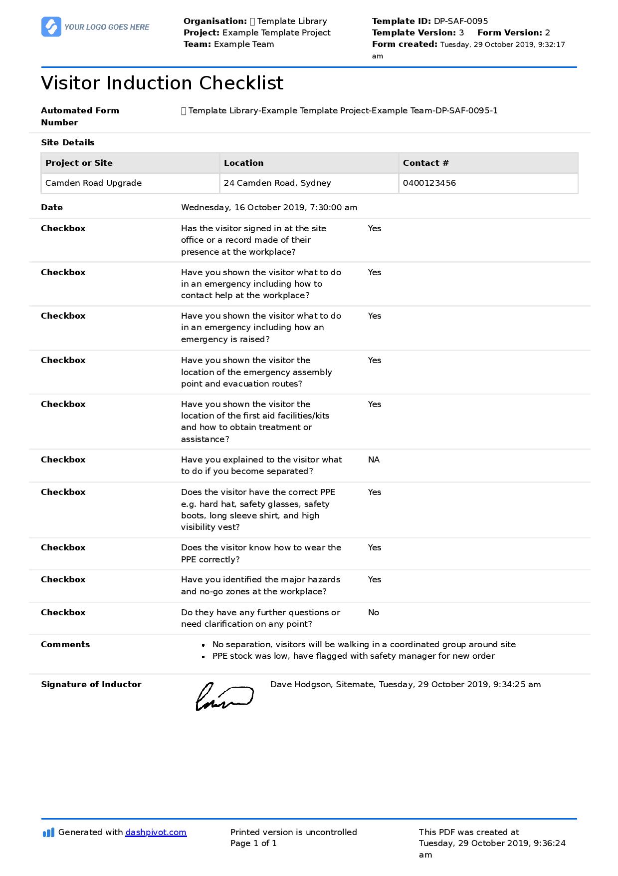 Visitor induction checklist