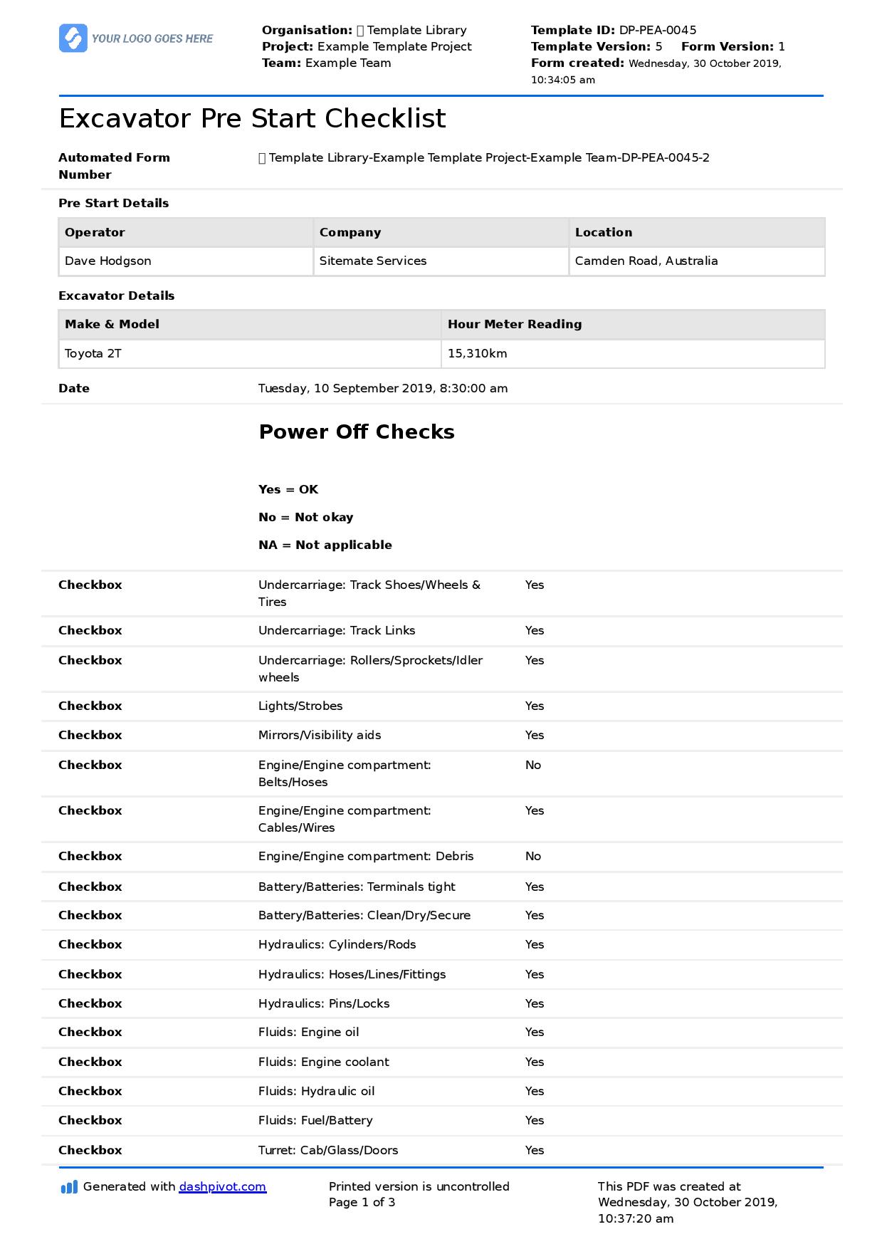 excavator pre start checklist template