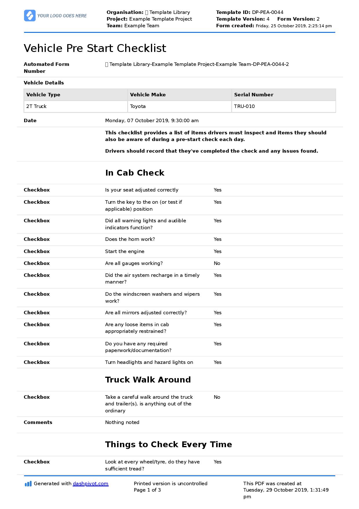 vehicle pre start checklist