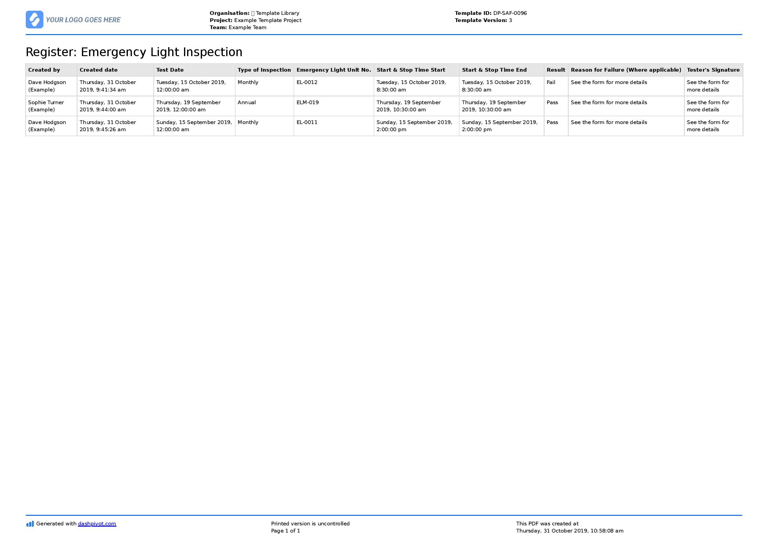 Emergency lighting test log template