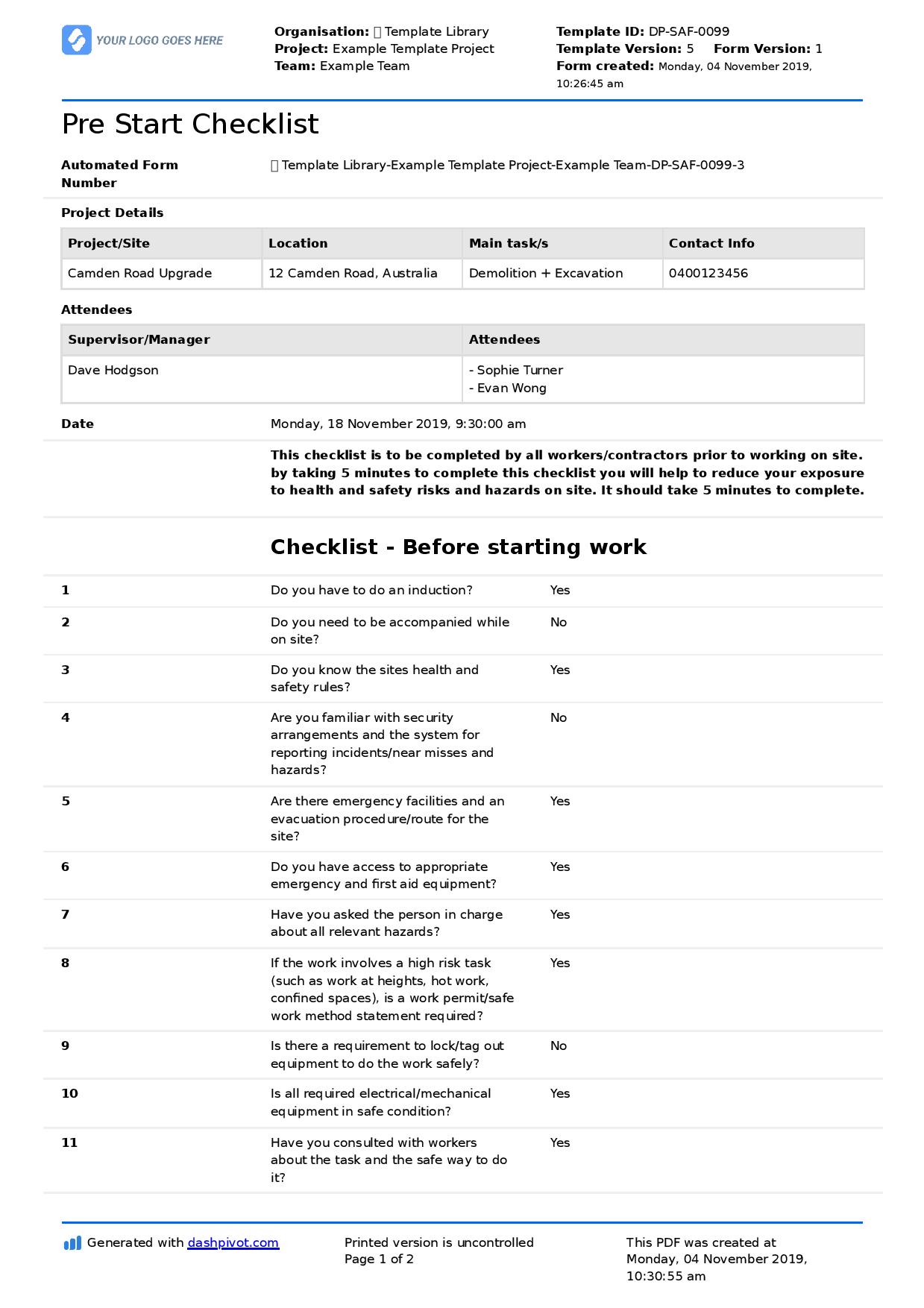 Pre start checklist template