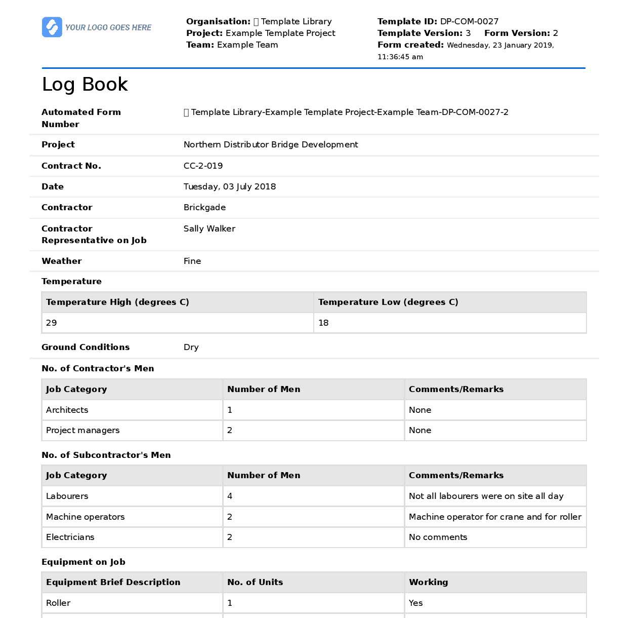 Construction daily log book Construction daily log book