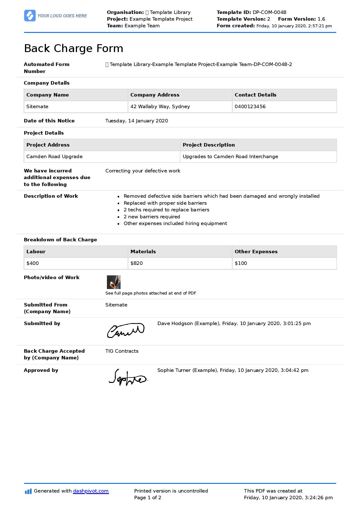 Back charge form template