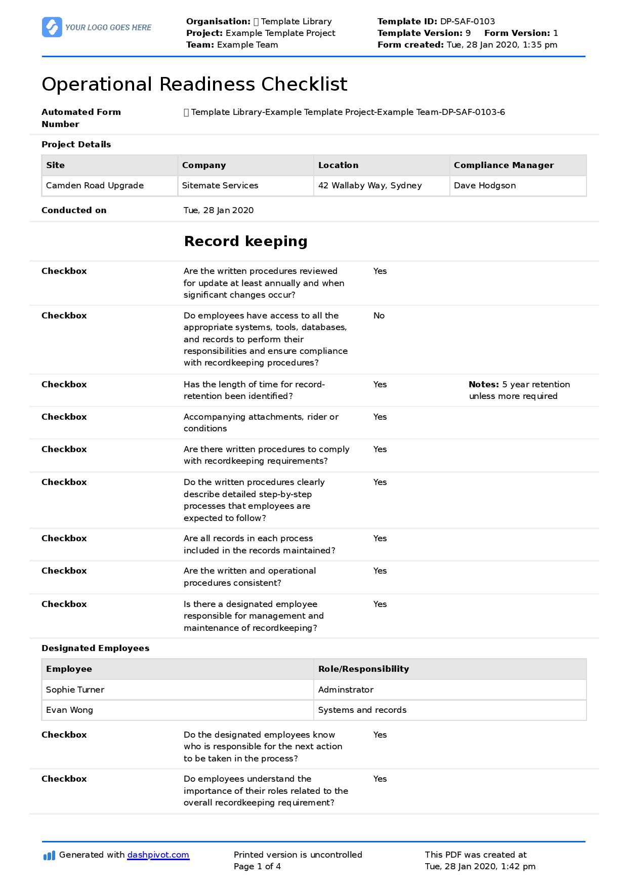 Operational readiness template