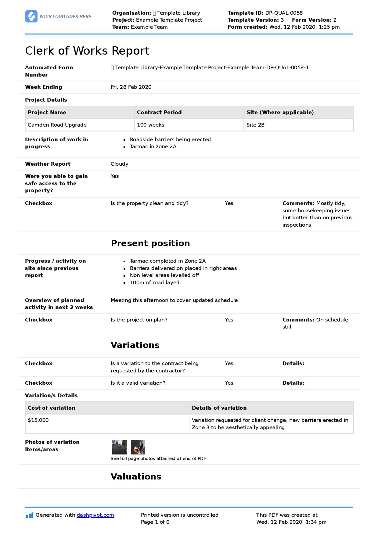Clerk of works report template