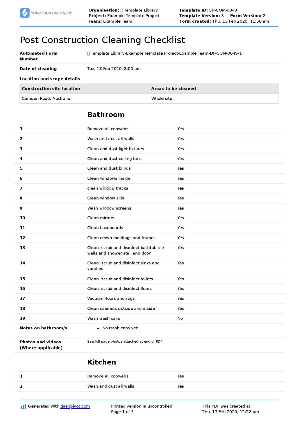 Post construction cleaning checklist template