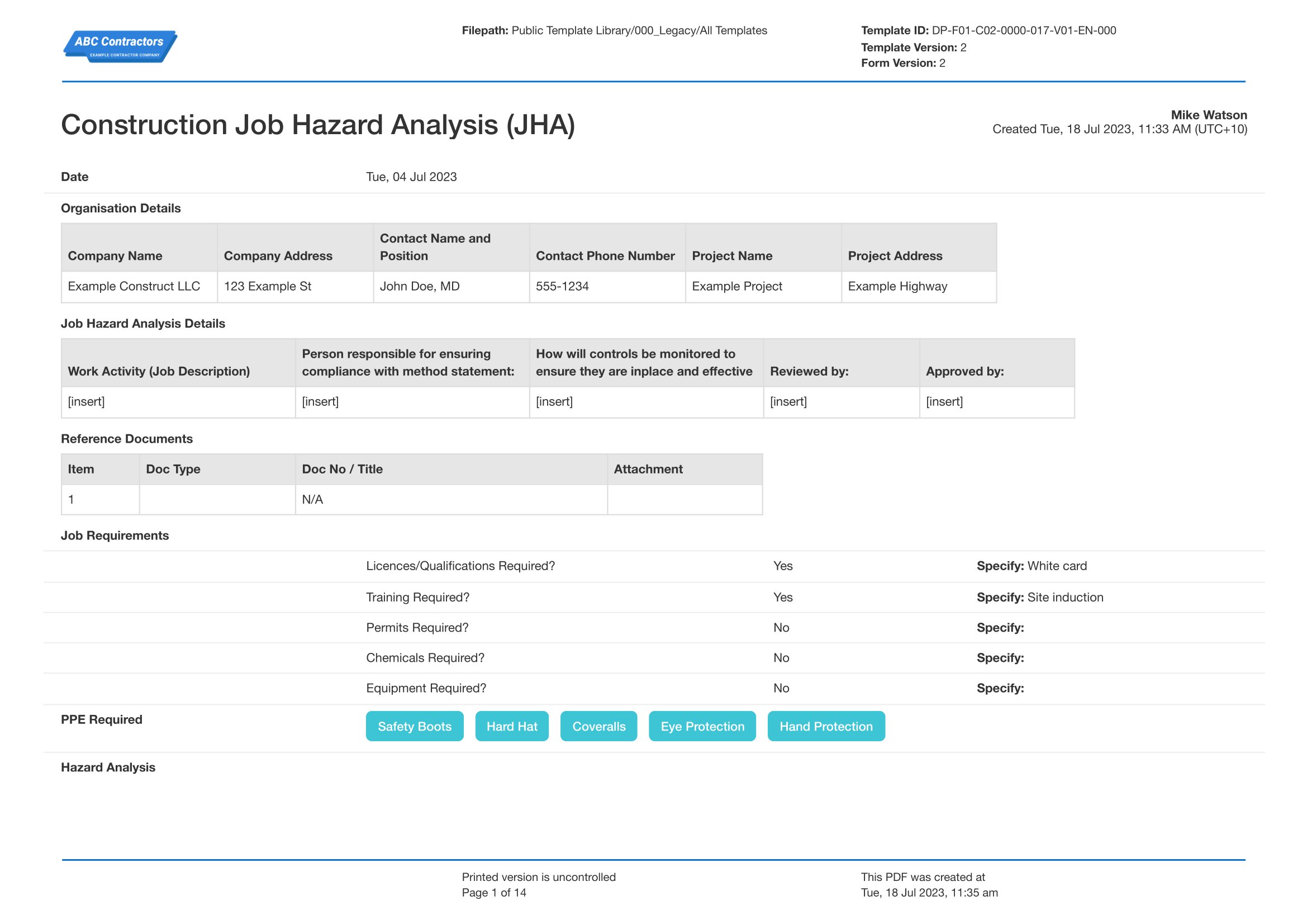 Construction Job hazard analysis template