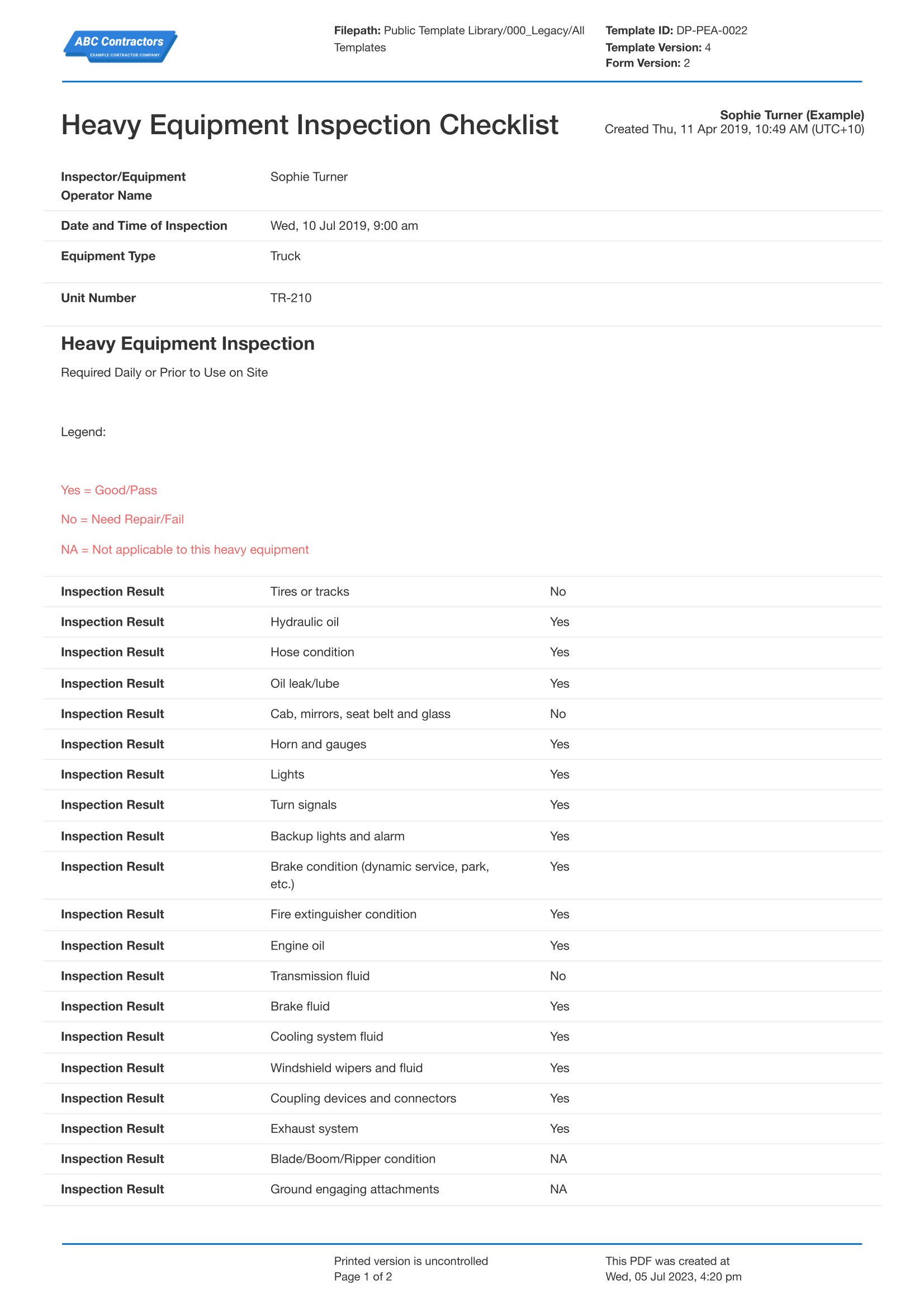 Heavy equipment inspection checklist