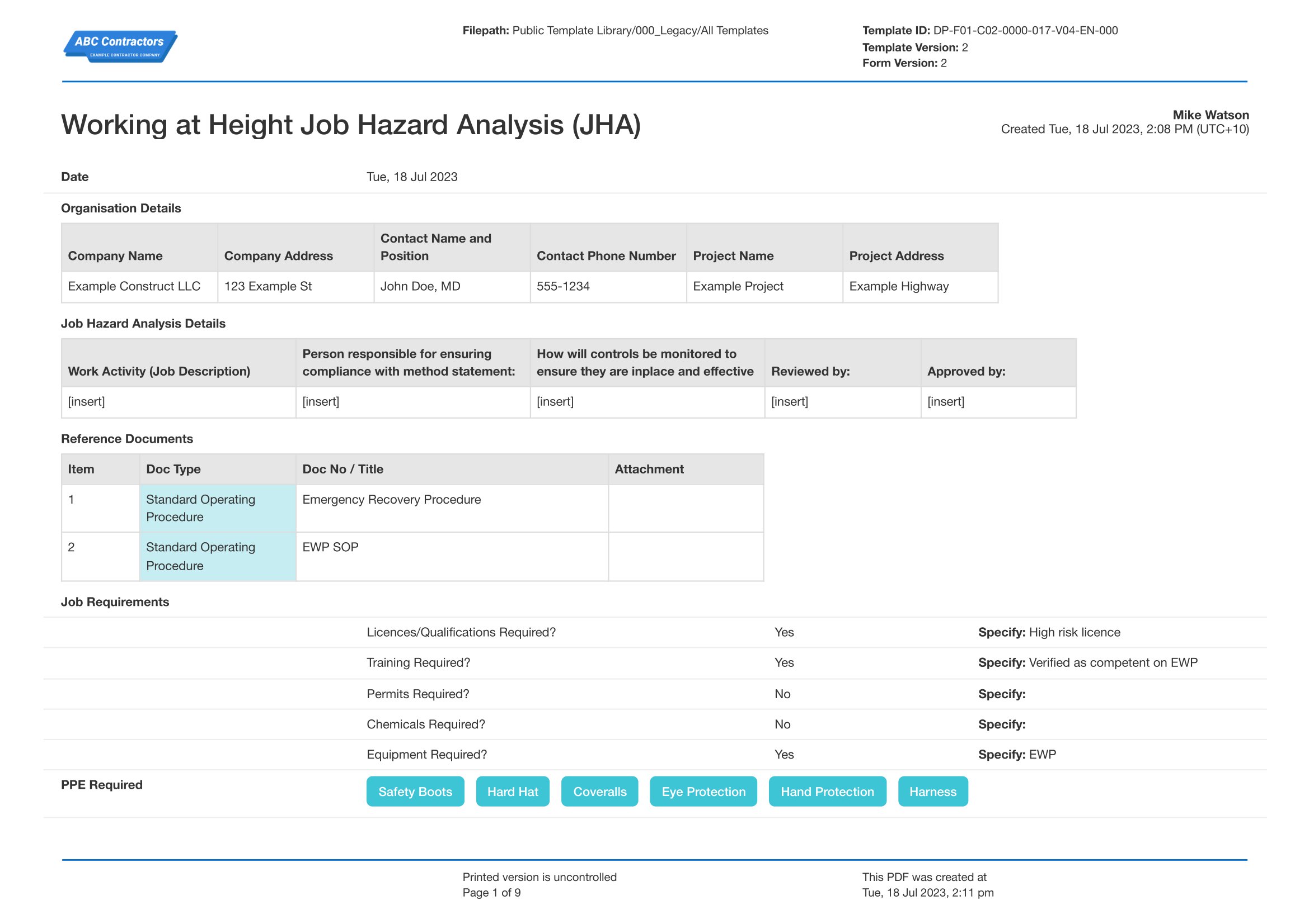Job hazard analysis for working at height template