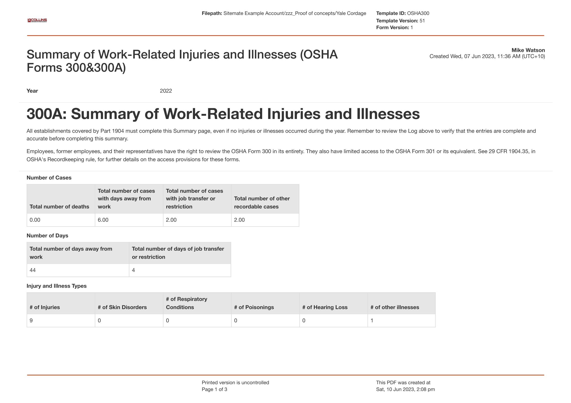 OSHA 300 log and 300a form template