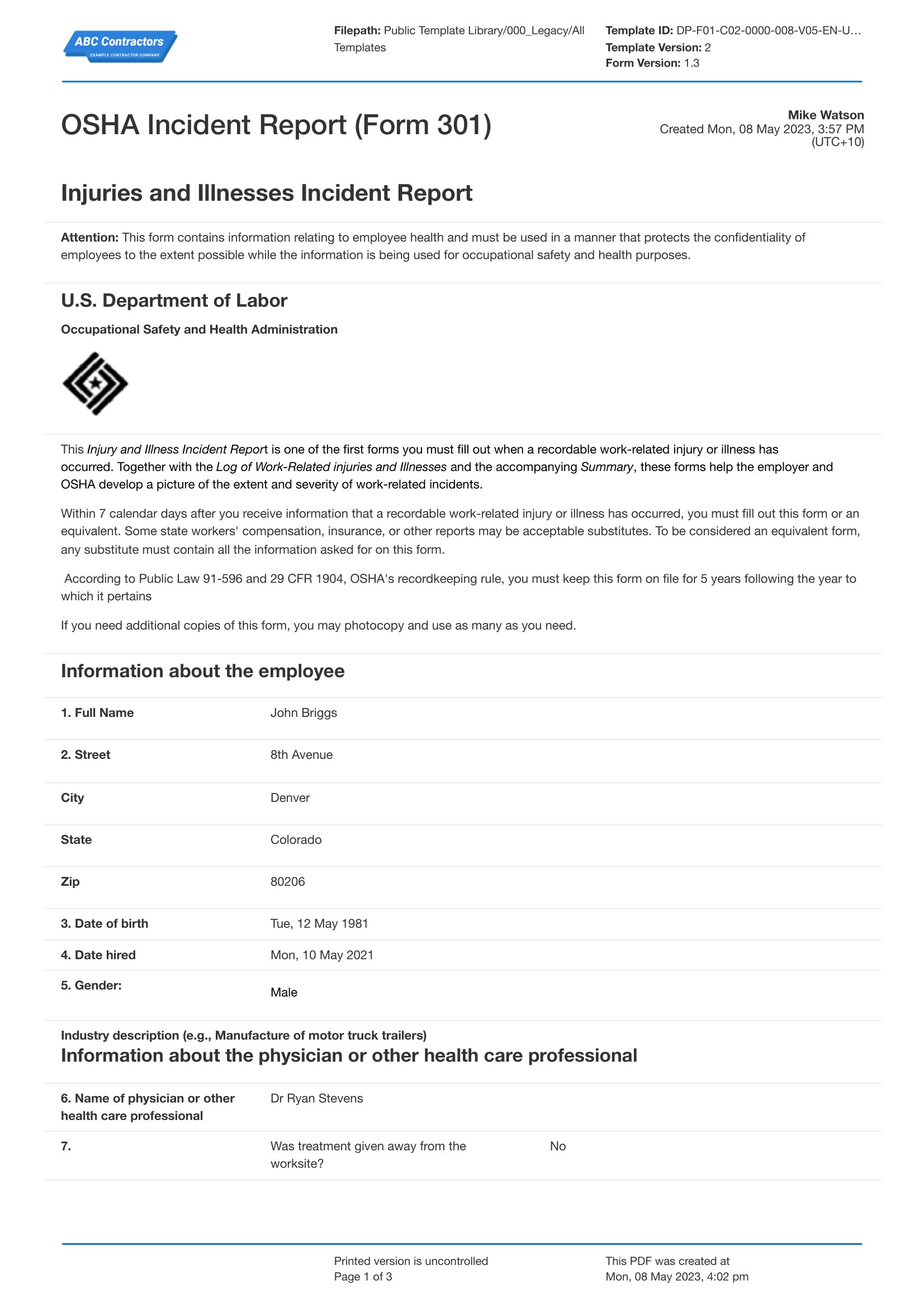 OSHA Incident Report form 301 template