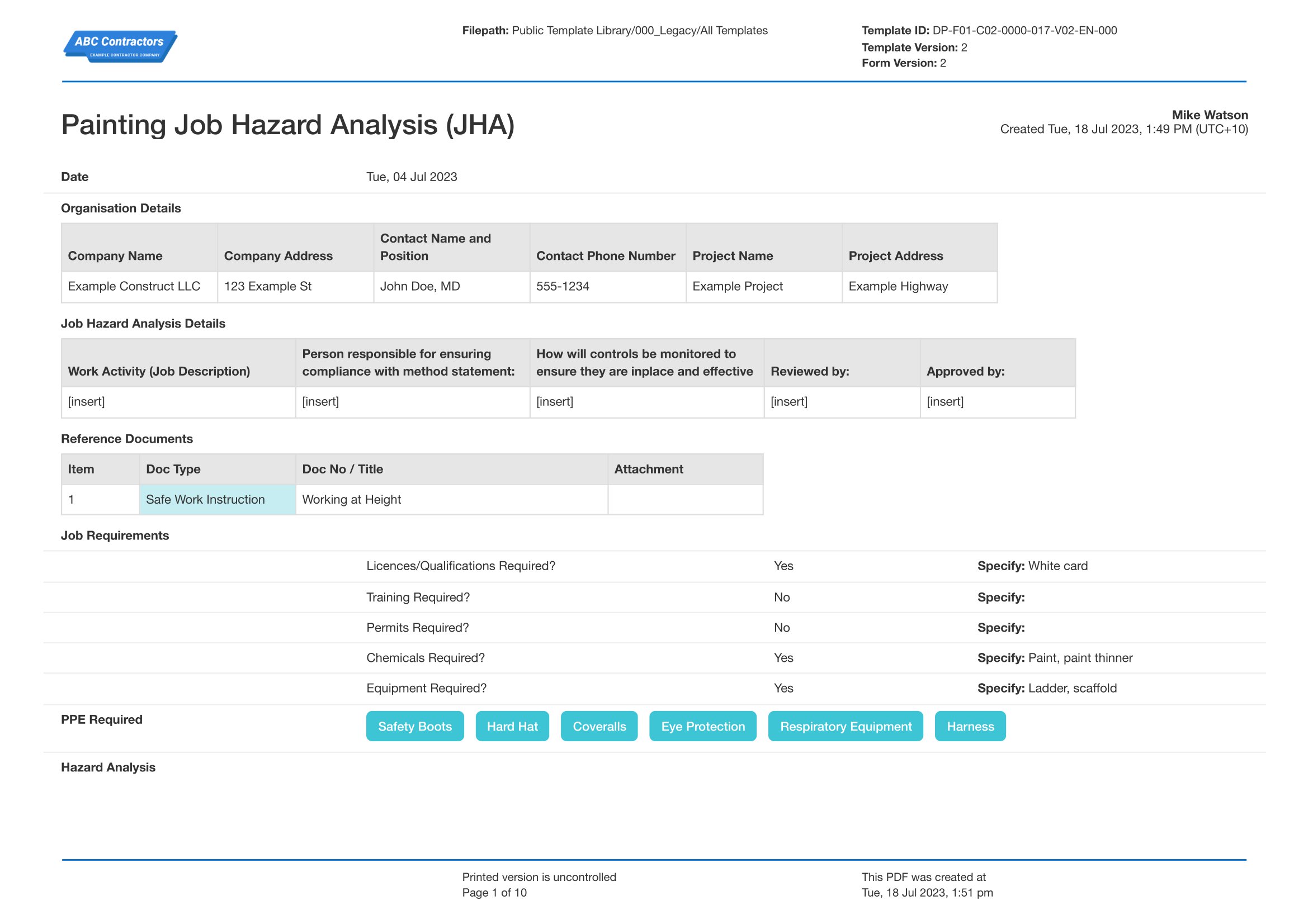 Job hazard analysis for painting template