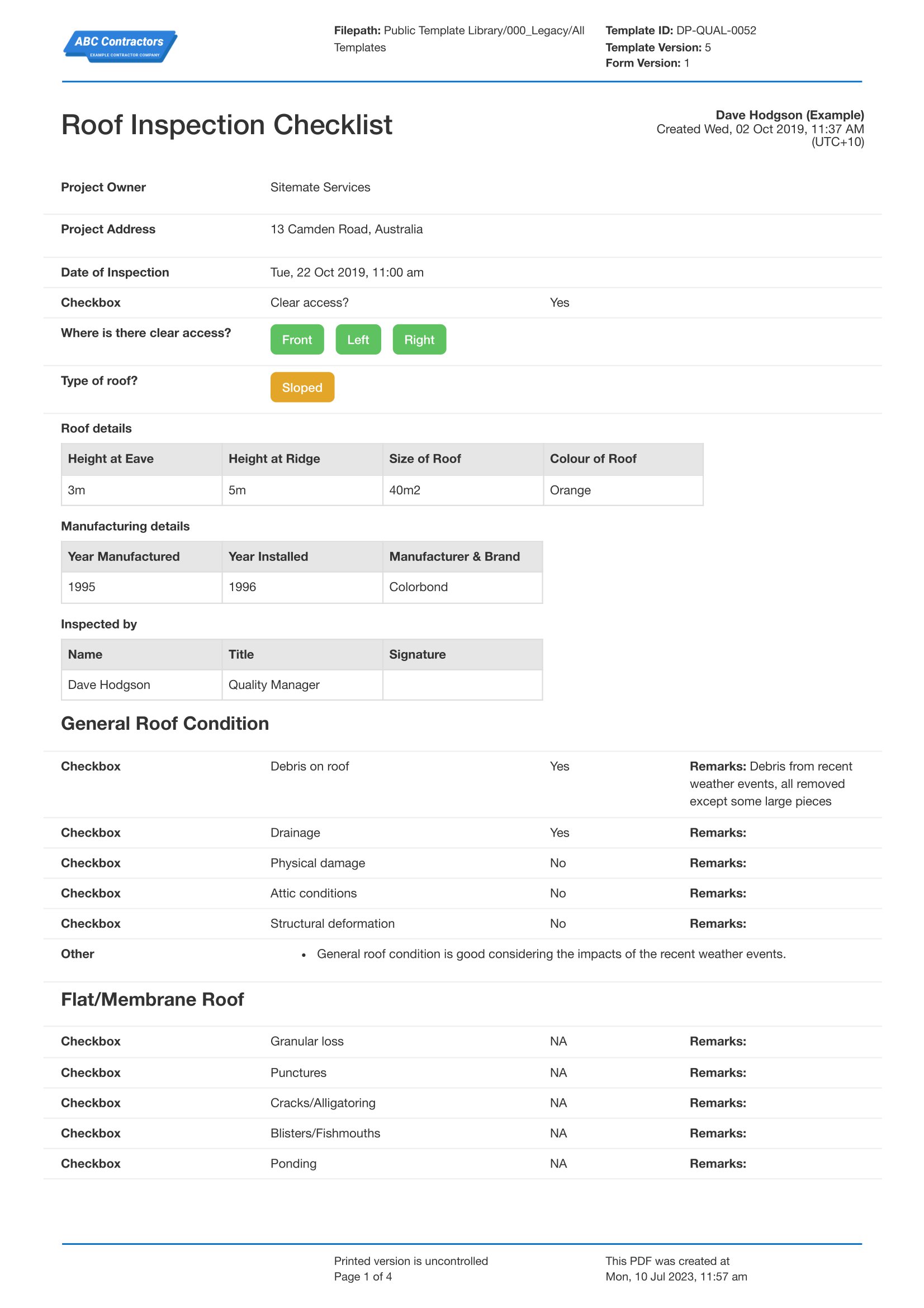 Roofing Inspection Checklist template