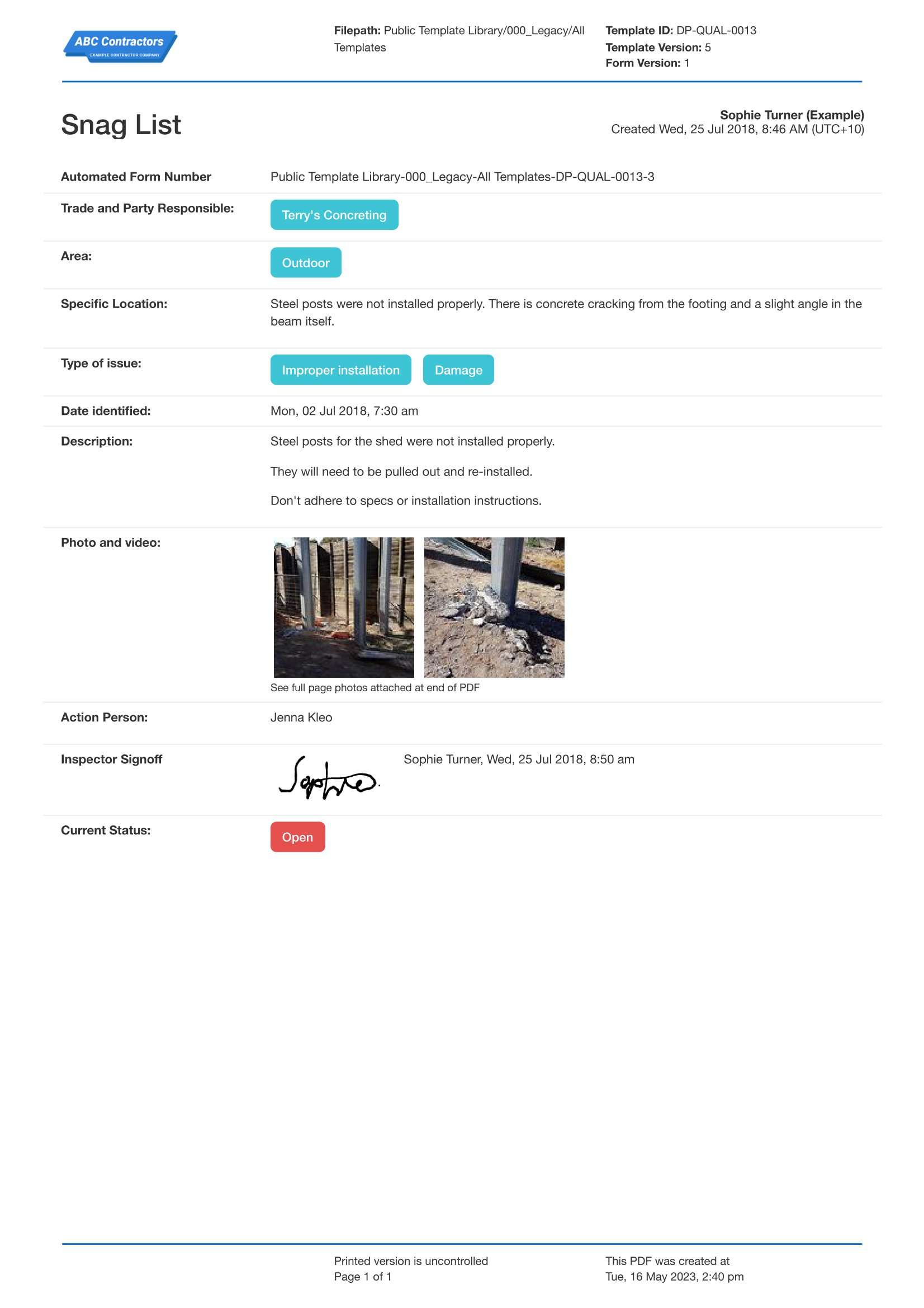 Snag list example