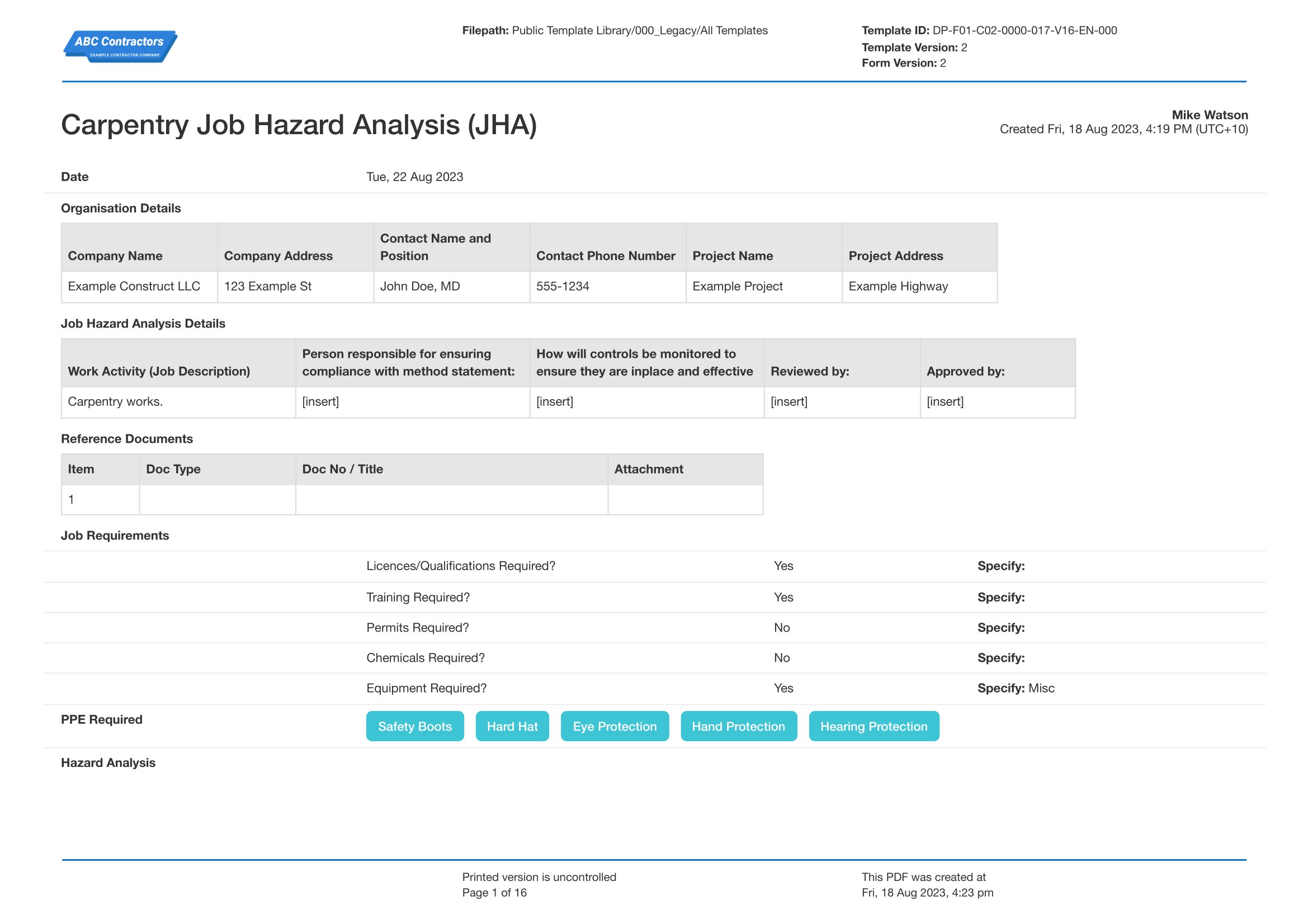 Job hazard analysis for carpentry template