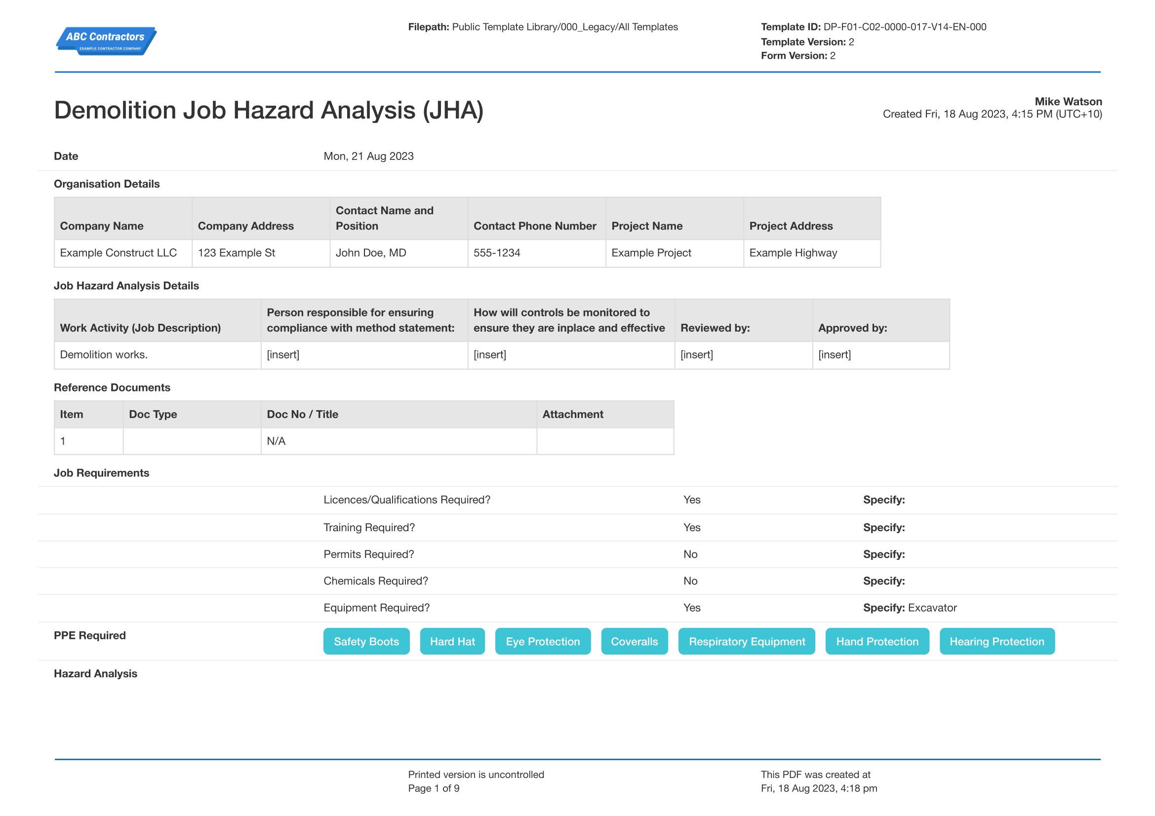 Job hazard analysis for demolition template