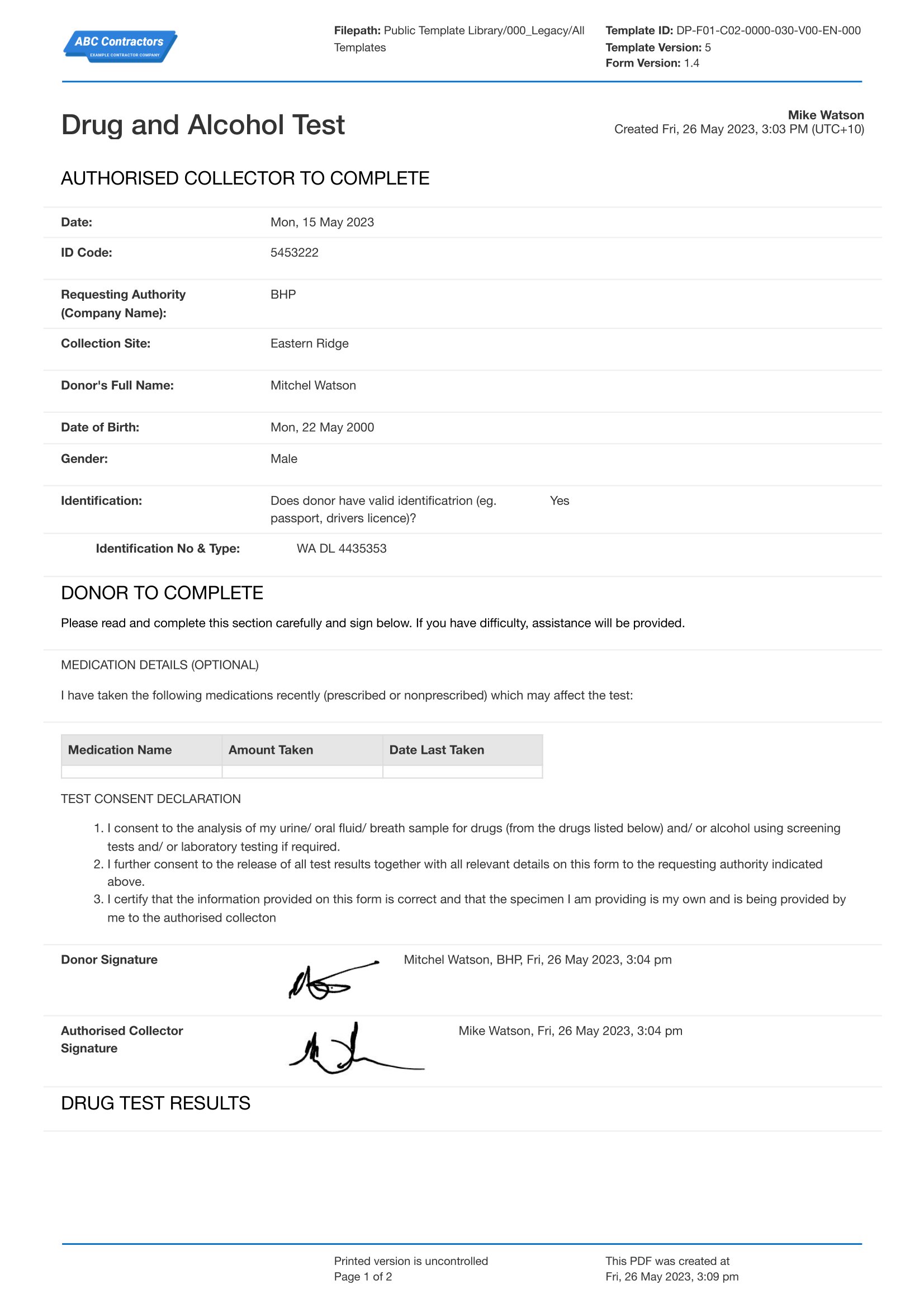 Drug Test Consent Form template