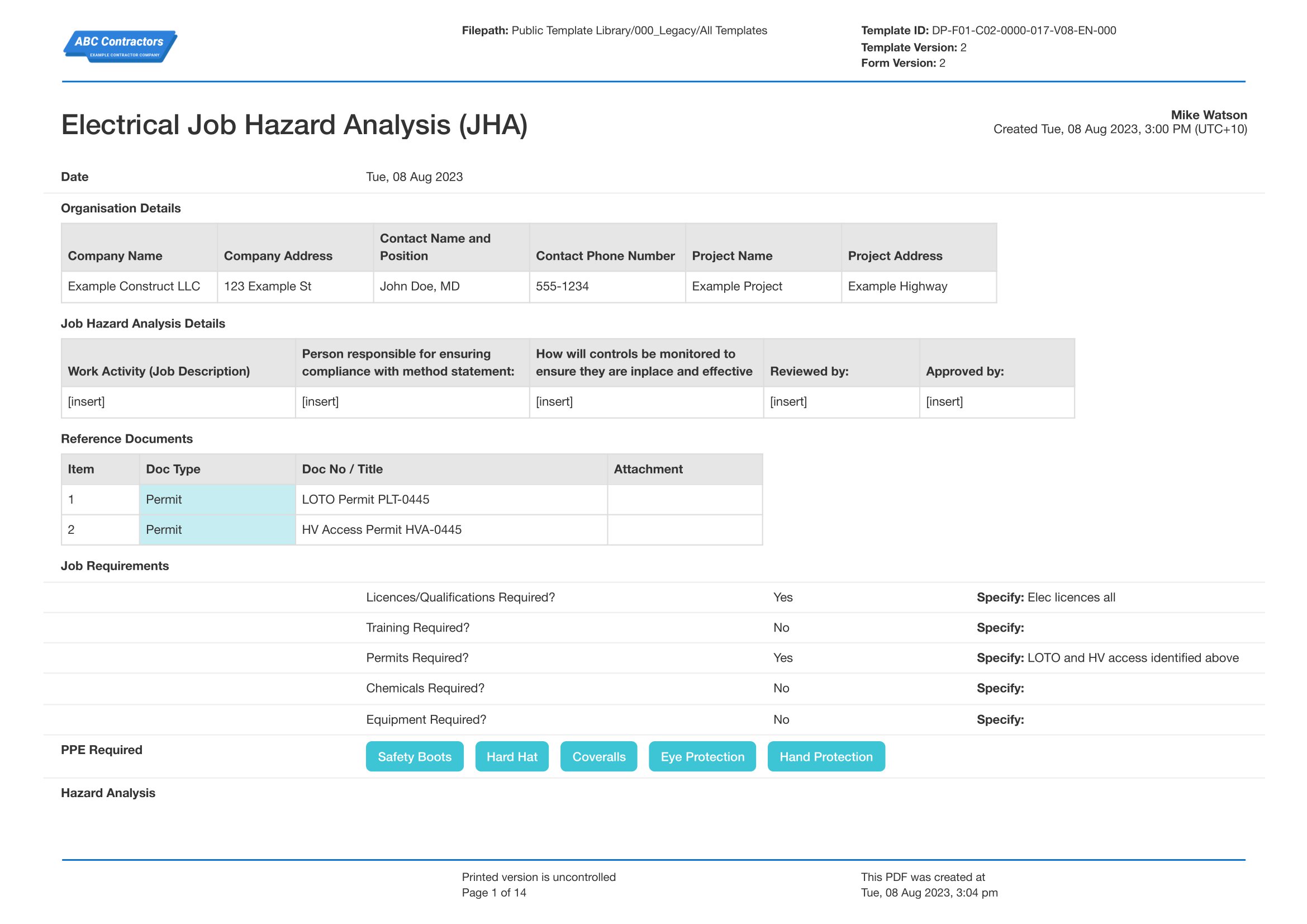 Job hazard analysis electrical template