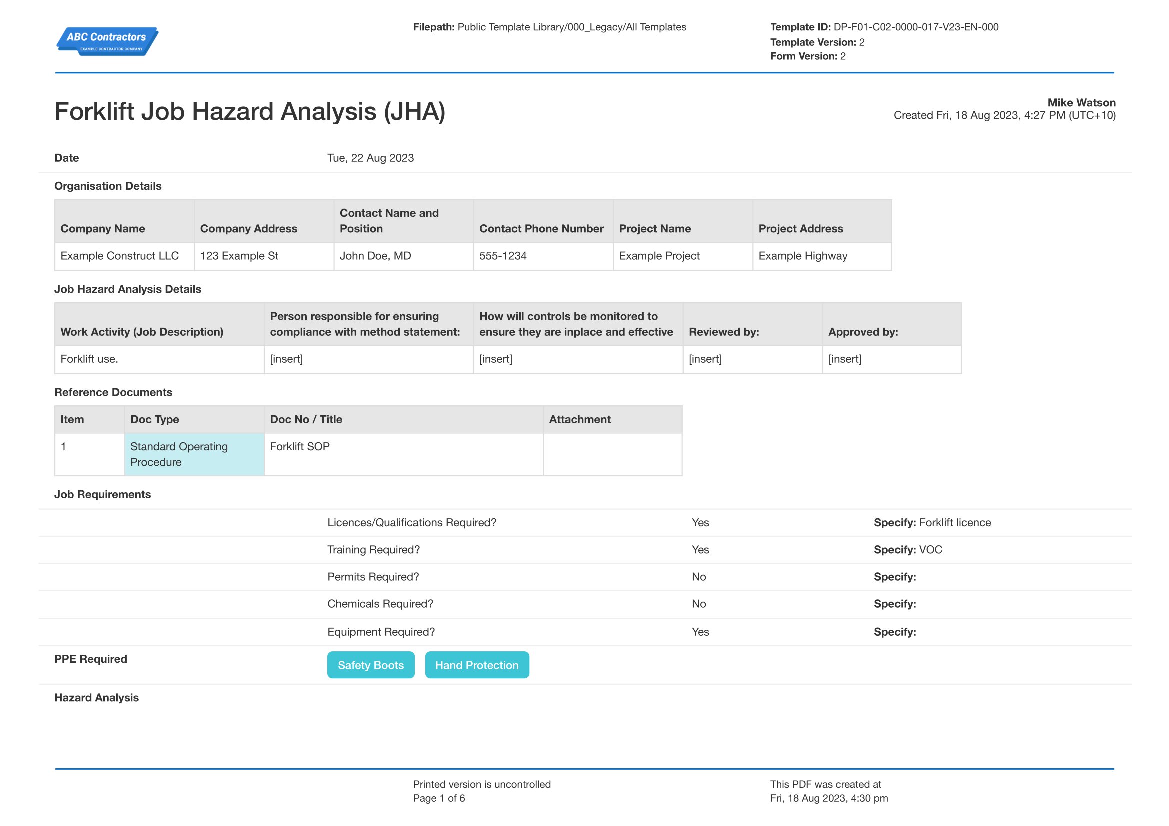 Jackhammer Job hazard analysis template