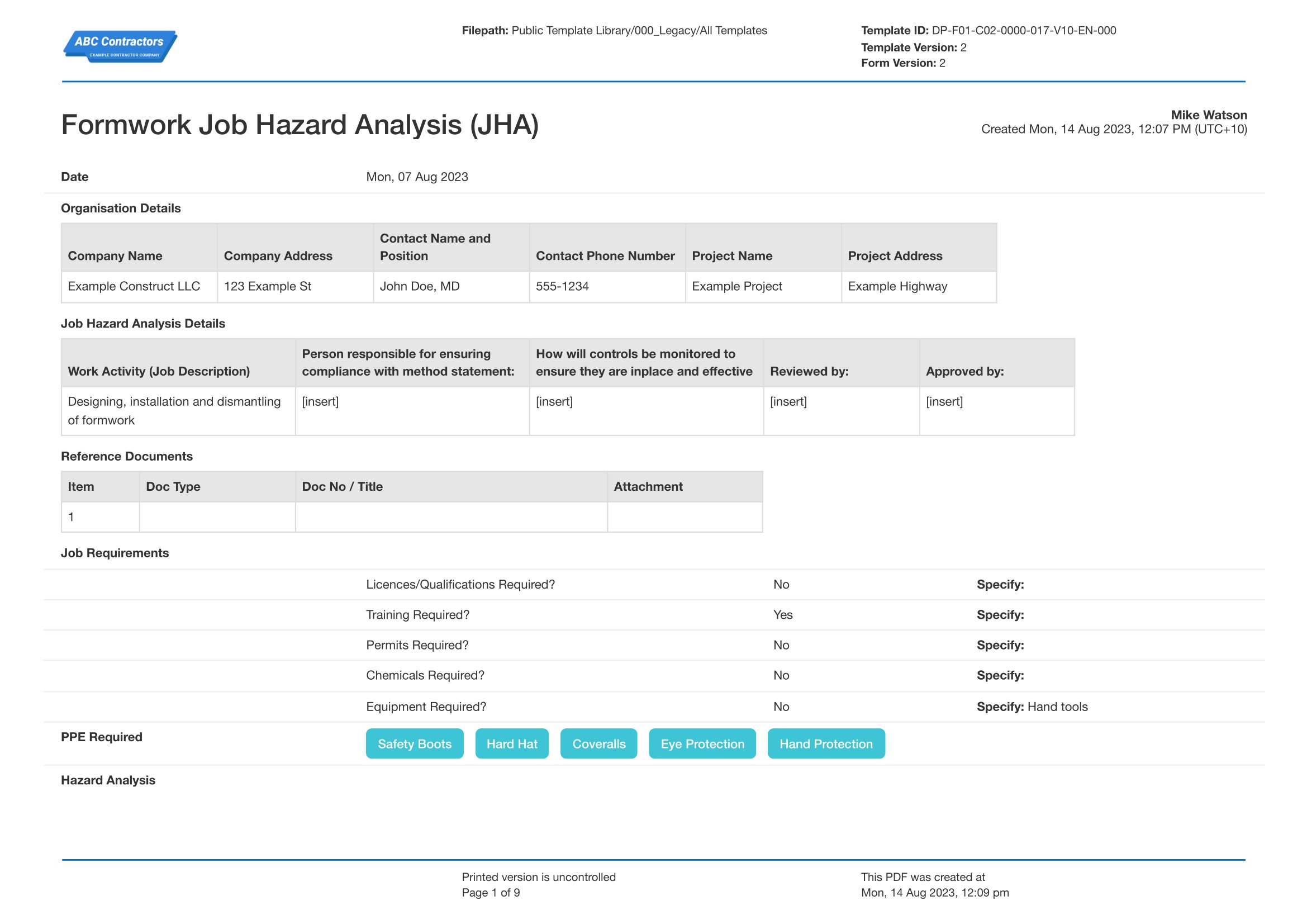 Job hazard analysis formwork template