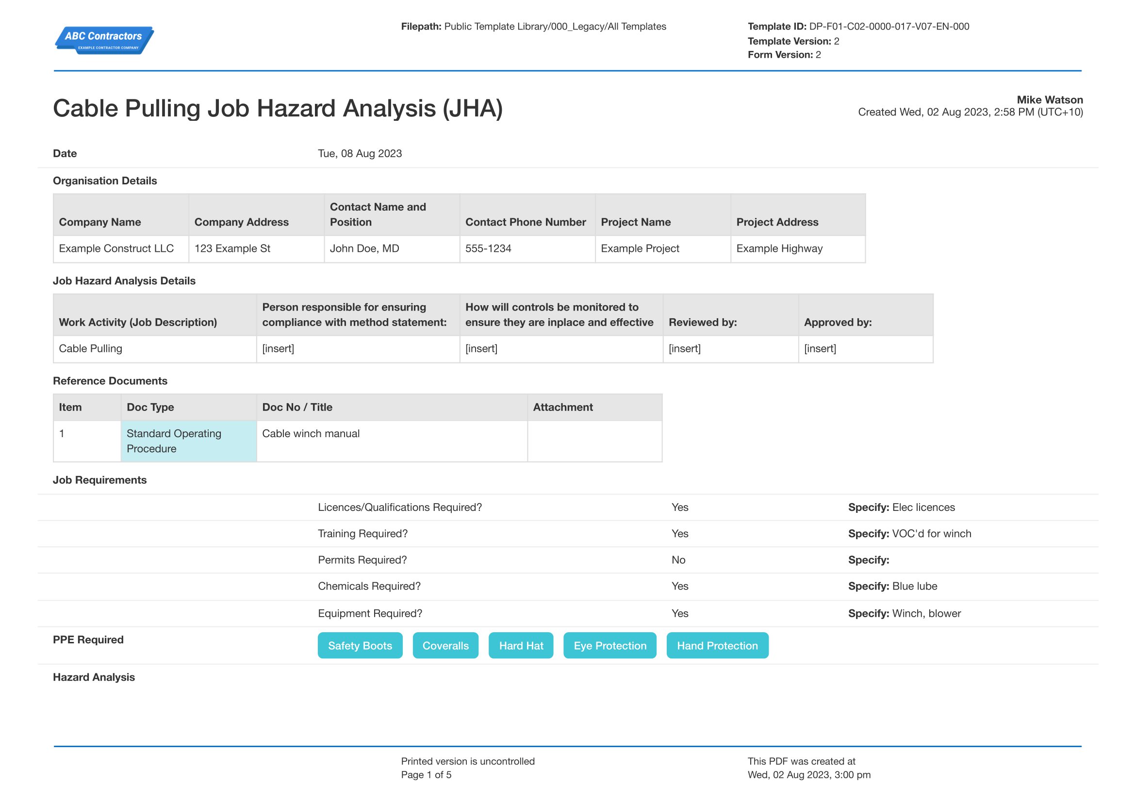Job hazard analysis cable pulling template