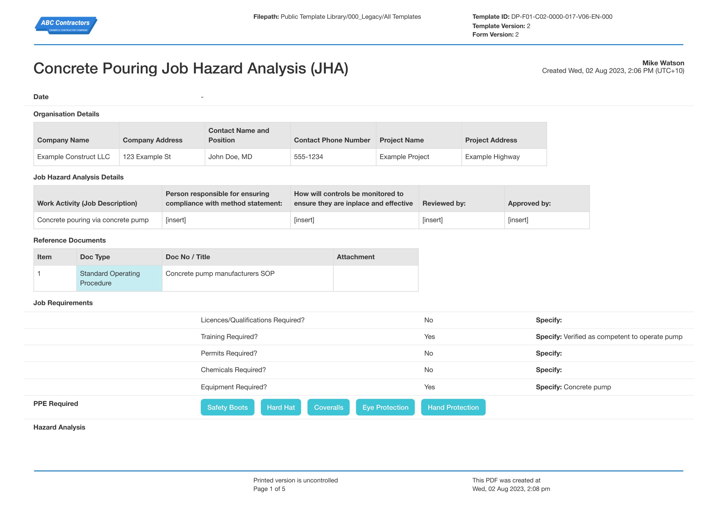 Job hazard analysis concrete pouring template