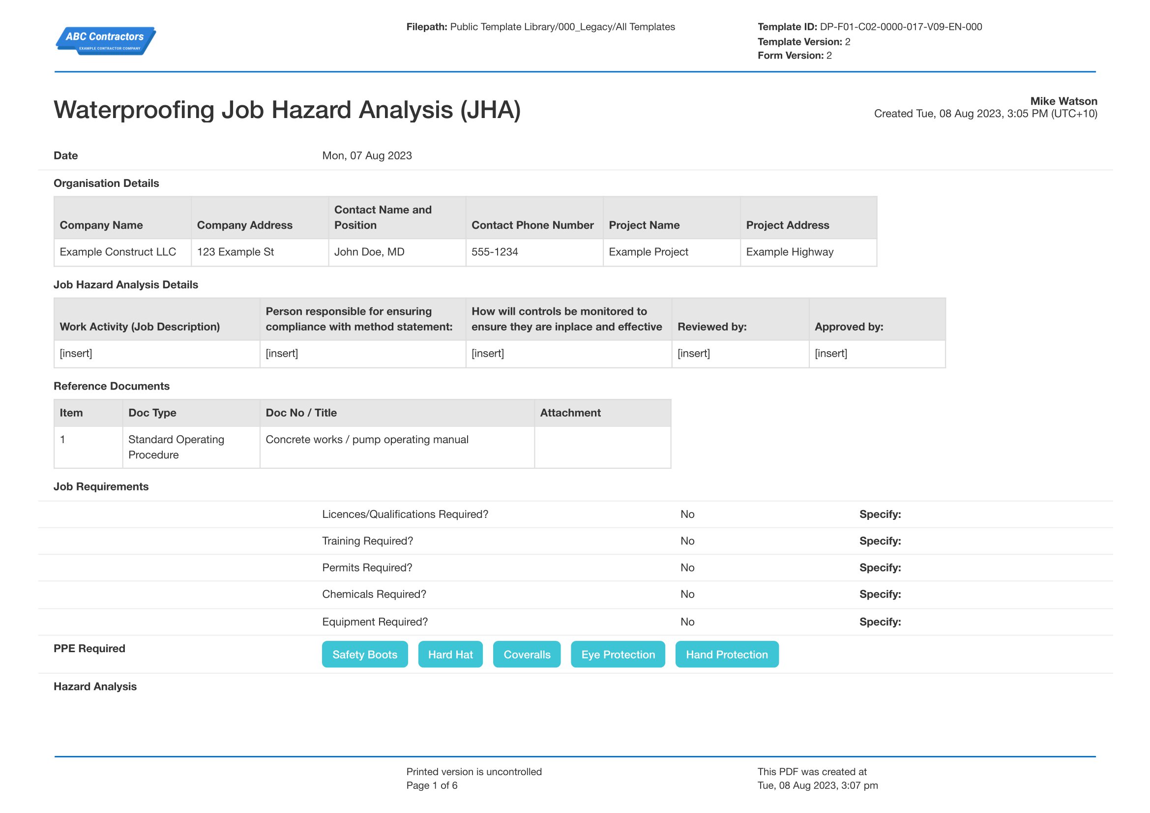 Job hazard analysis waterproofing template