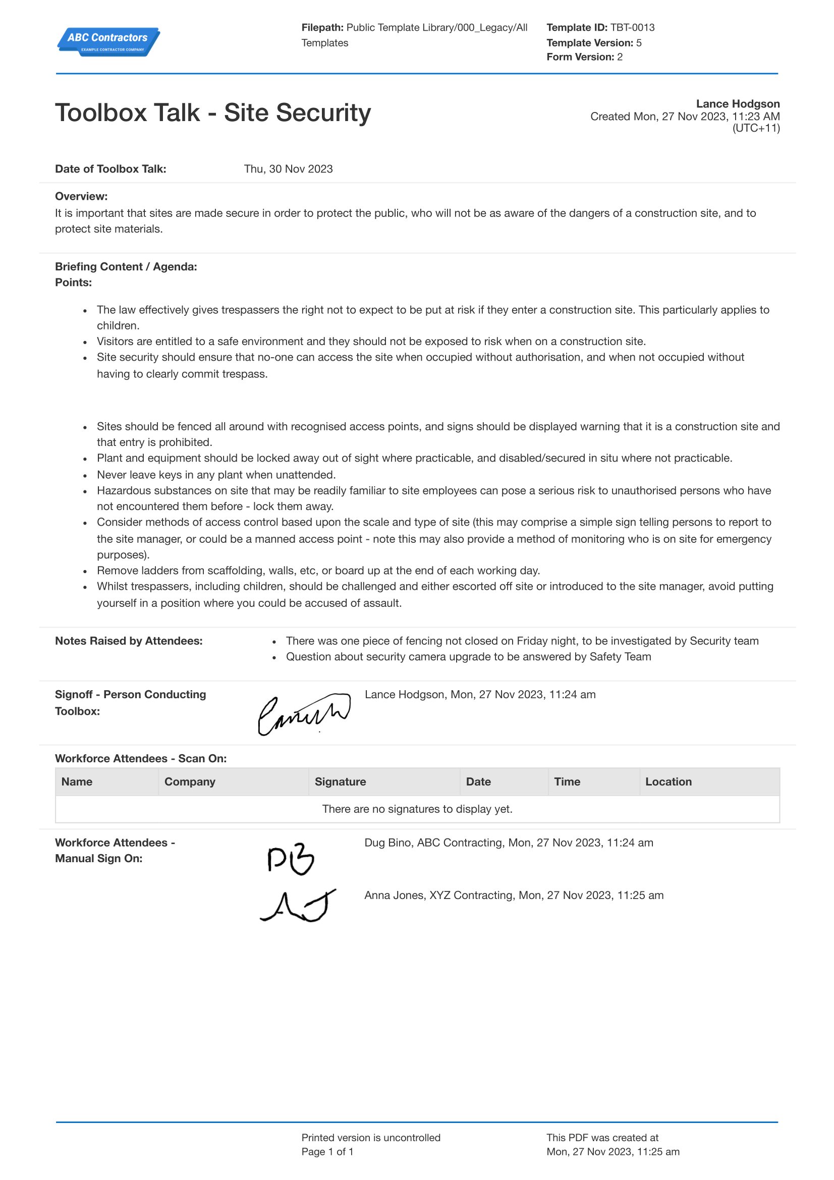 Site Security Toolbox Talk Template