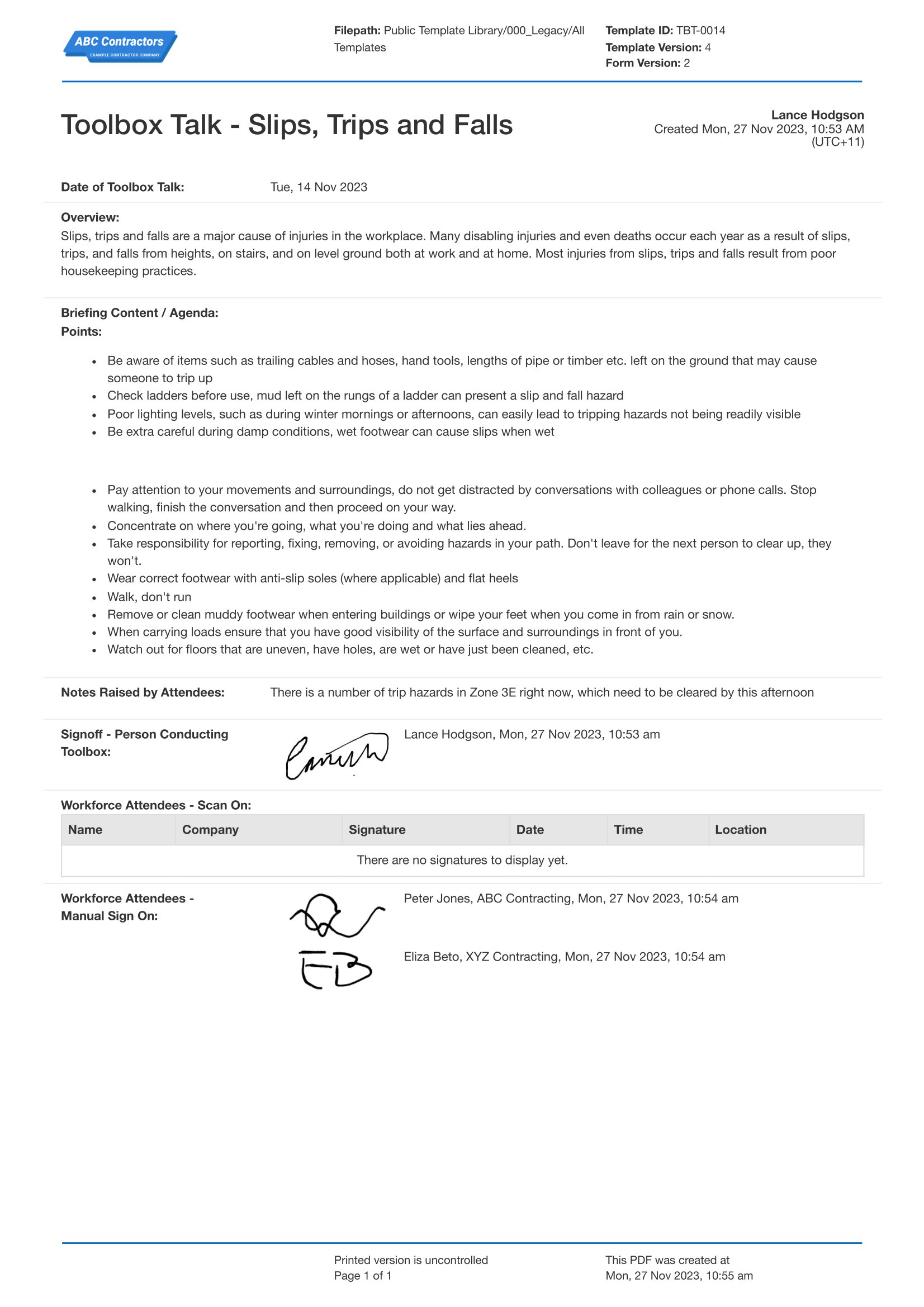 Toolbox Talks Slips Trips and Falls template