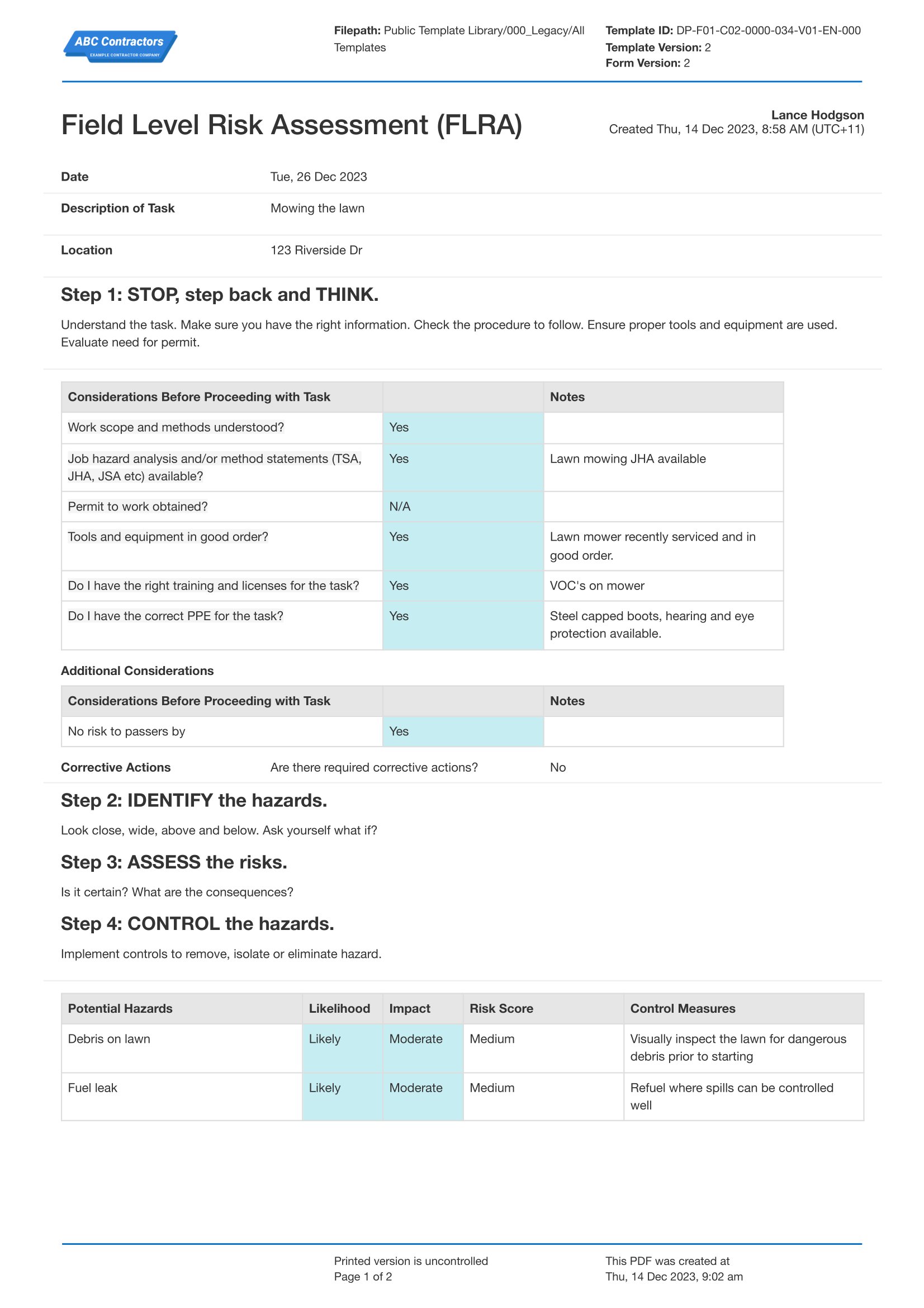 Field Level Hazard Assessment form template