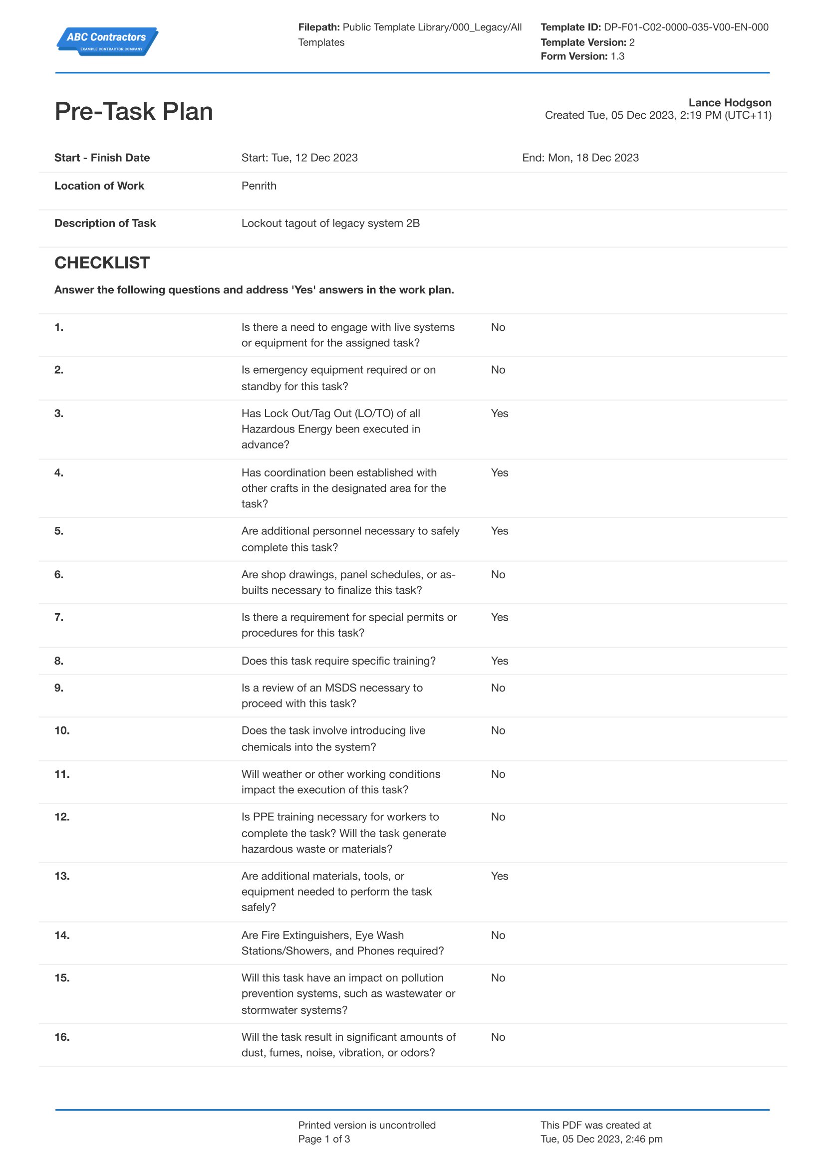 Pre-Task Plan template