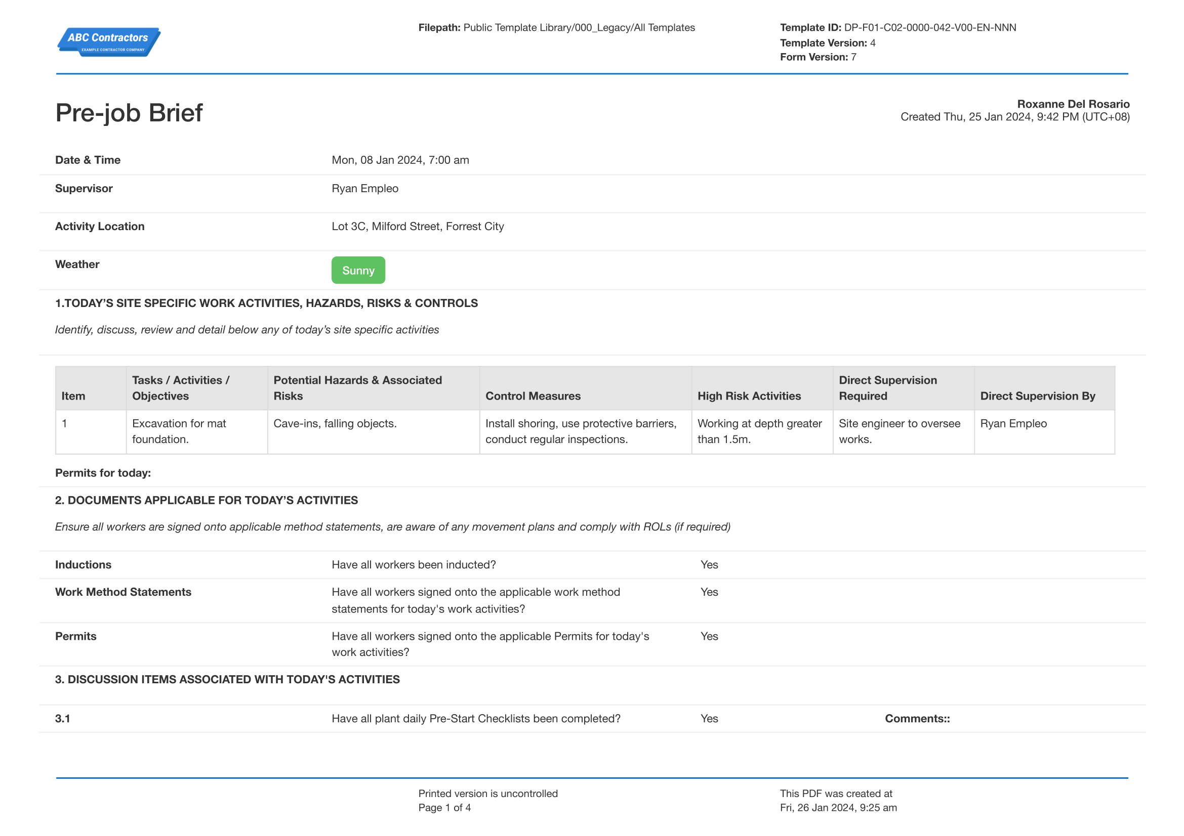 Pre-job briefing checklist template