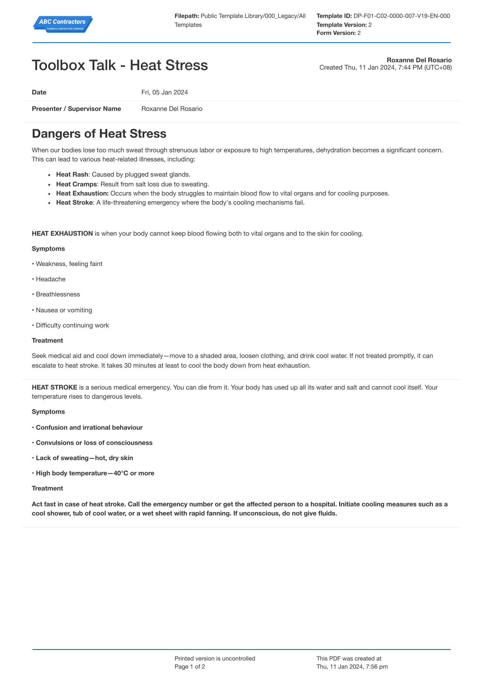 Toolbox Talk Heat Stress template