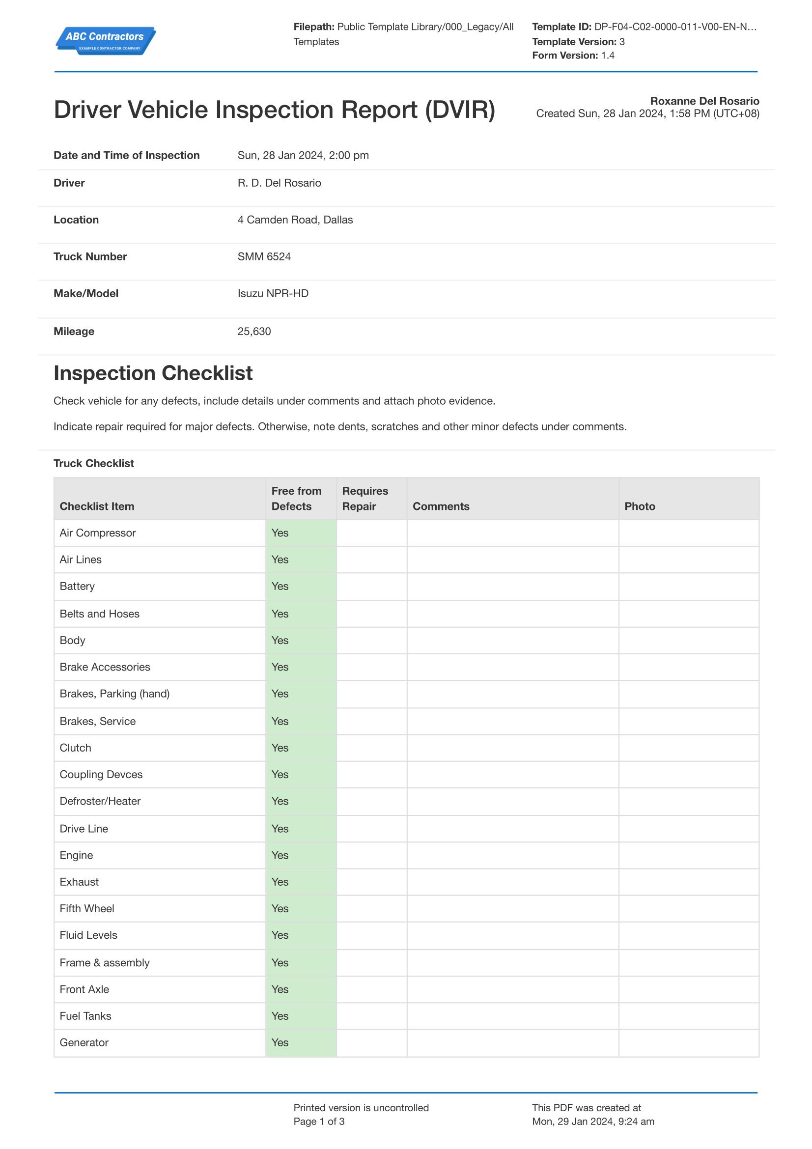 Driver Vehicle Inspection Report template