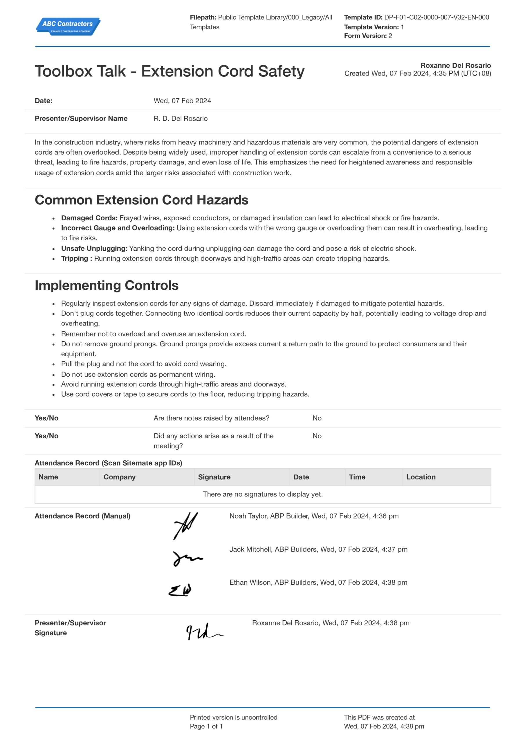 Extension Cord Safety Toolbox Talk Template