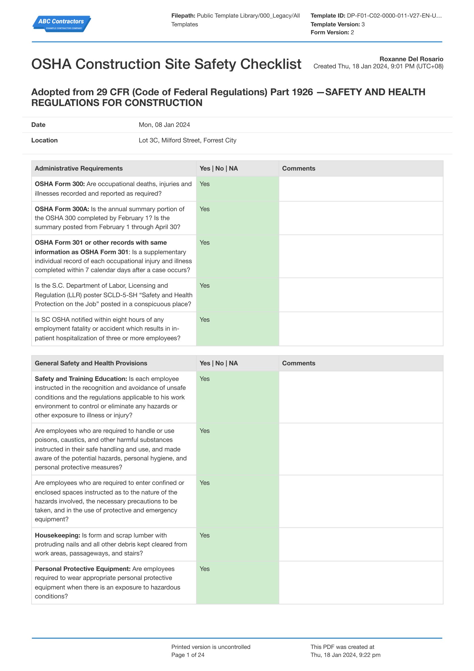 OSHA Construction Site Safety Checklist template